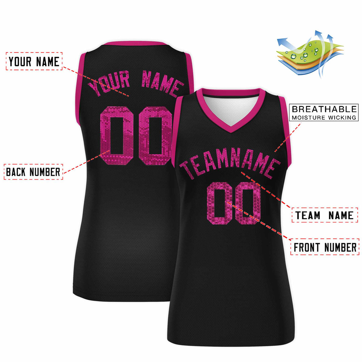 Custom Black Pink Women Basketball Jersey Sequined Dress|KXKSHOP