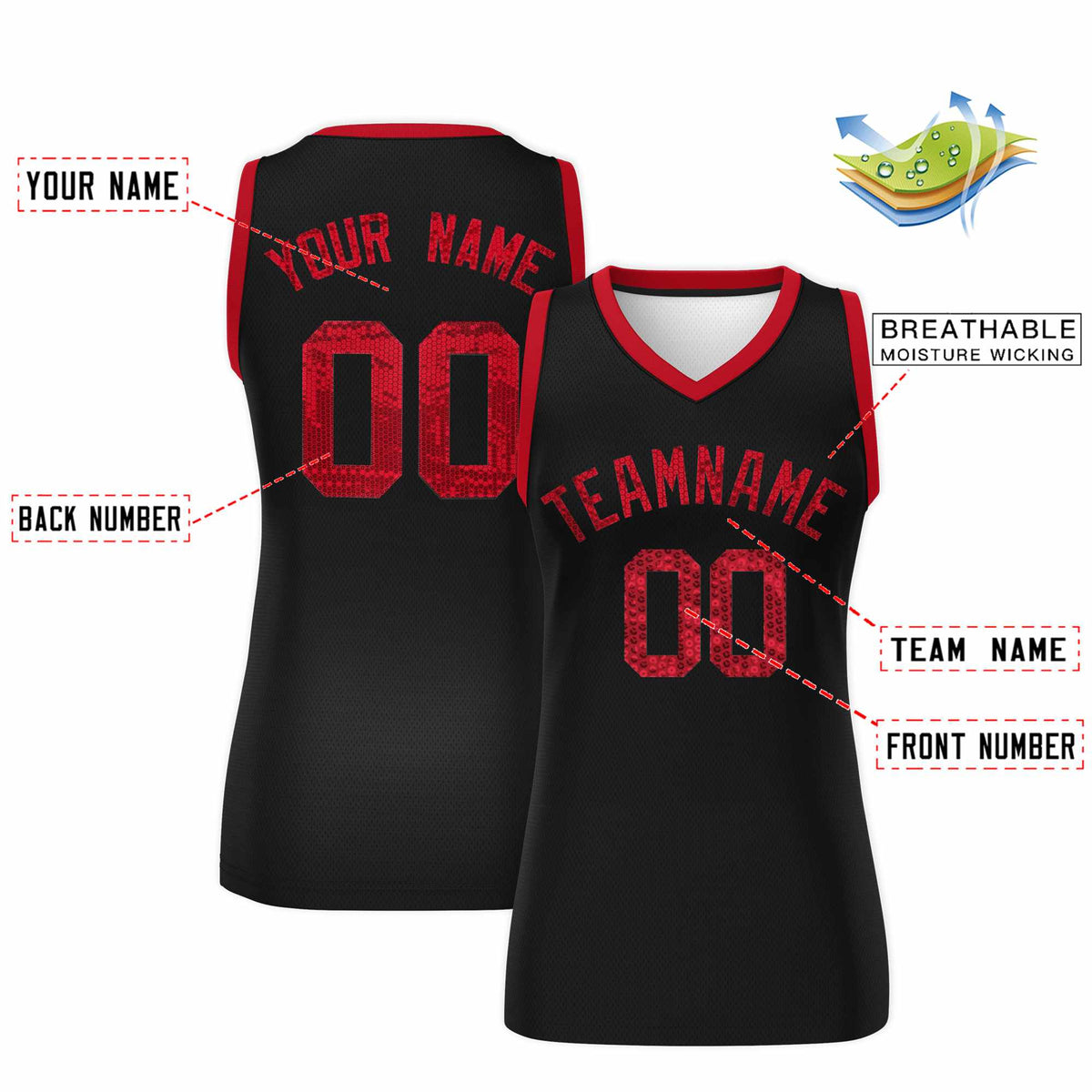 Custom Black Red Women Basketball Jersey Sequined Dress|KXKSHOP