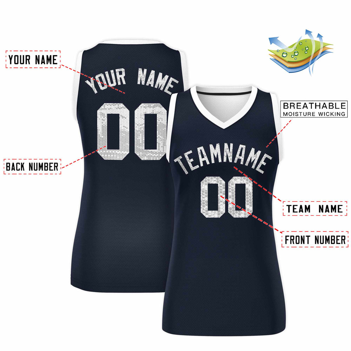Custom Navy White Women Basketball Jersey Sequined Dress|KXKSHOP