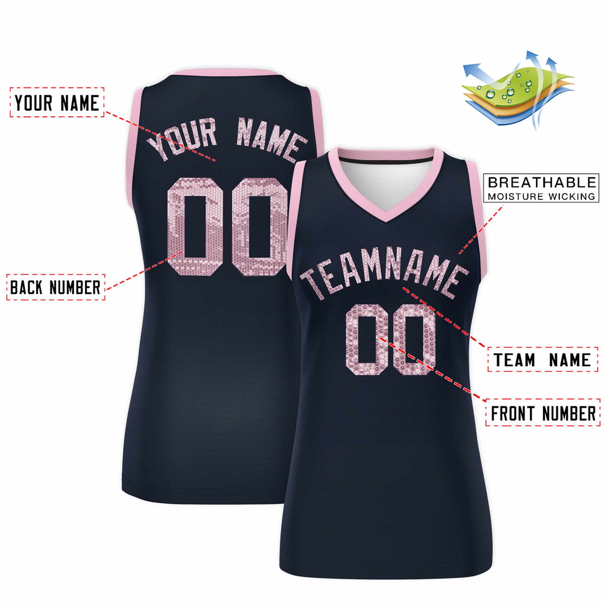 Custom Navy Light Pink Women Basketball Jersey Sequined Dress|KXKSHOP