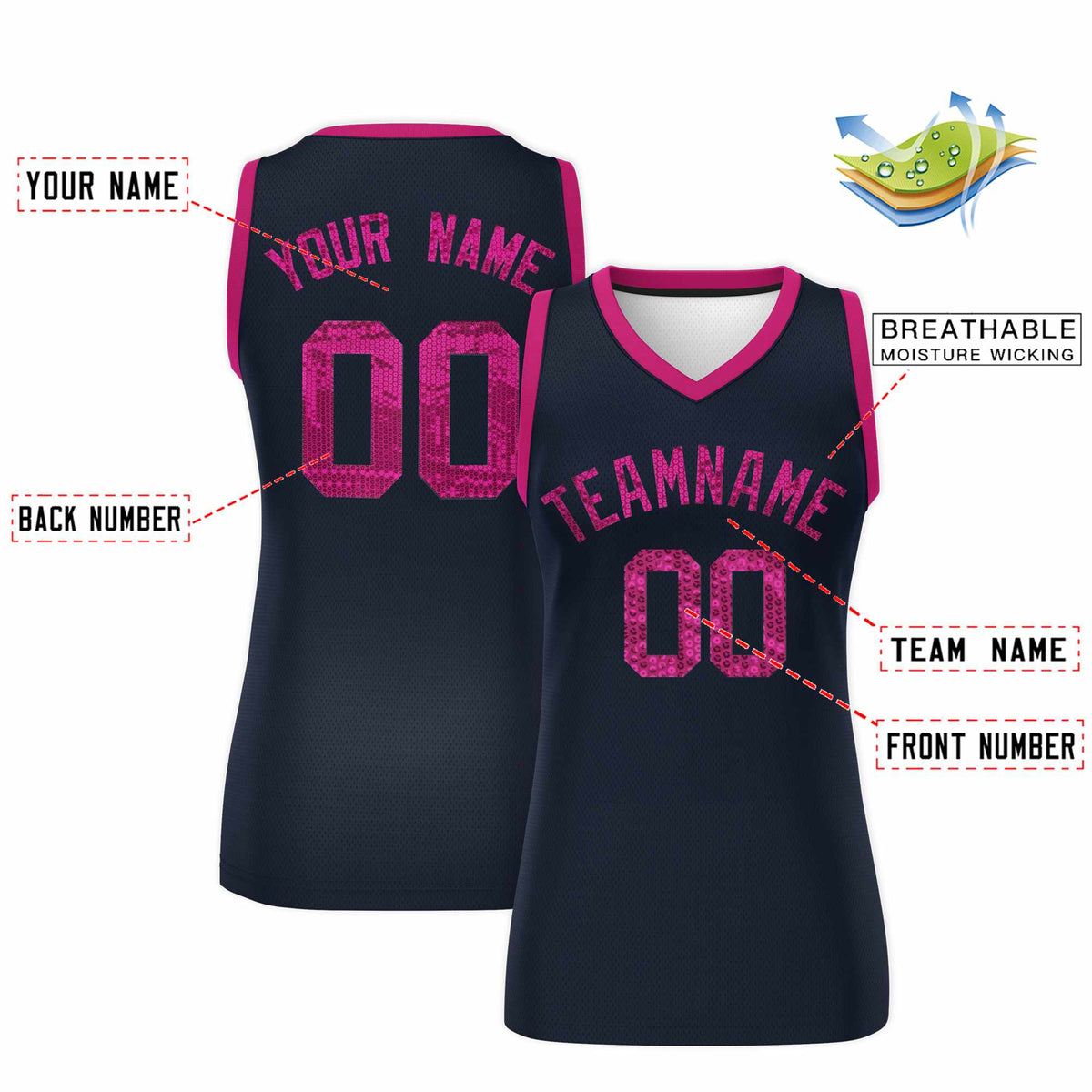 Custom Navy Pink Women Basketball Jersey Sequined Dress|KXKSHOP