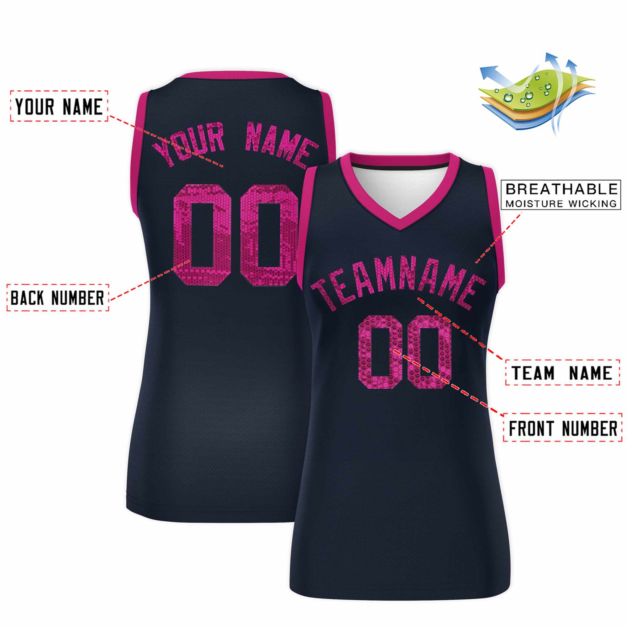 Custom Navy Pink Women Basketball Jersey Sequined Dress|KXKSHOP