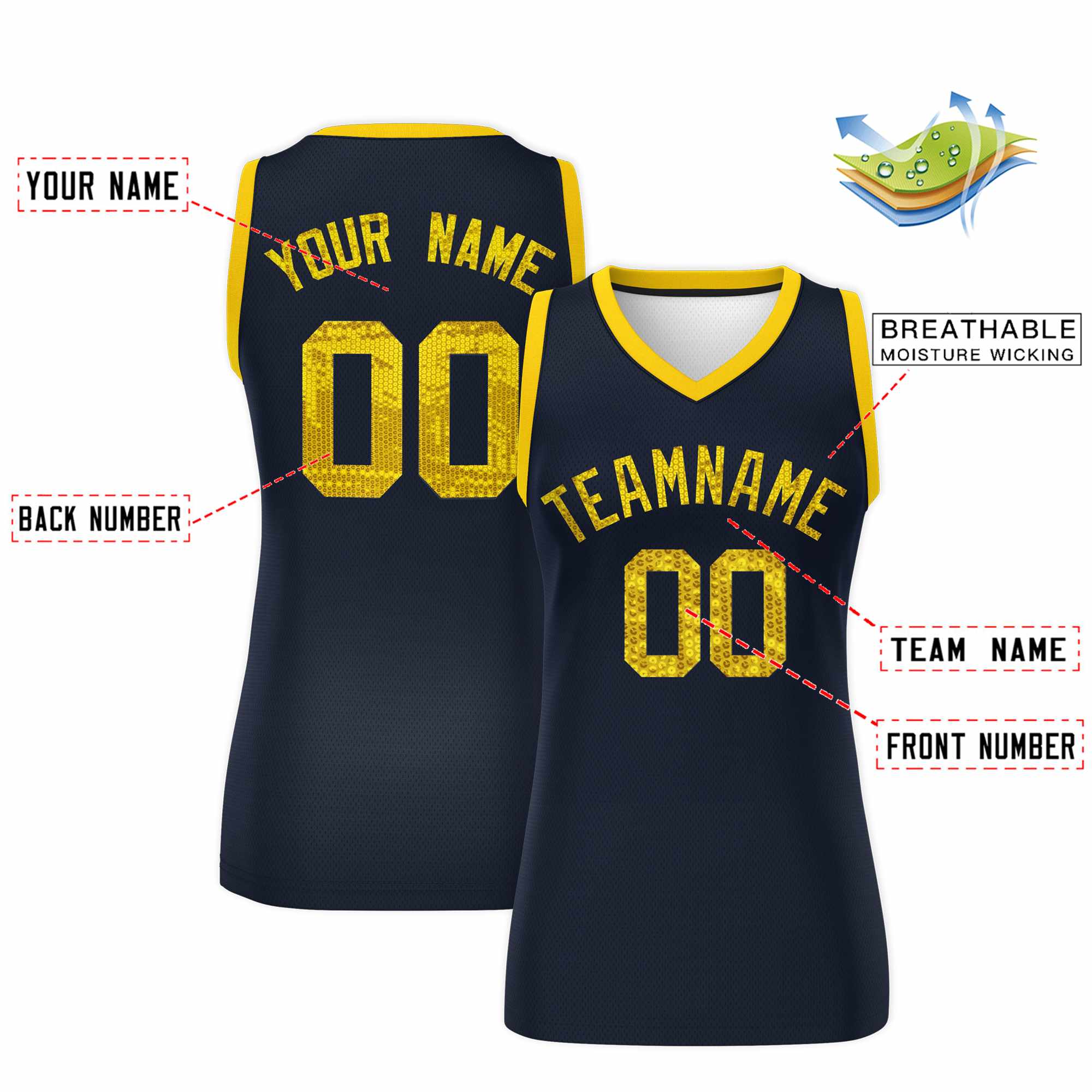 Custom Navy Gold Women Basketball Jersey Sequined Dress|KXKSHOP