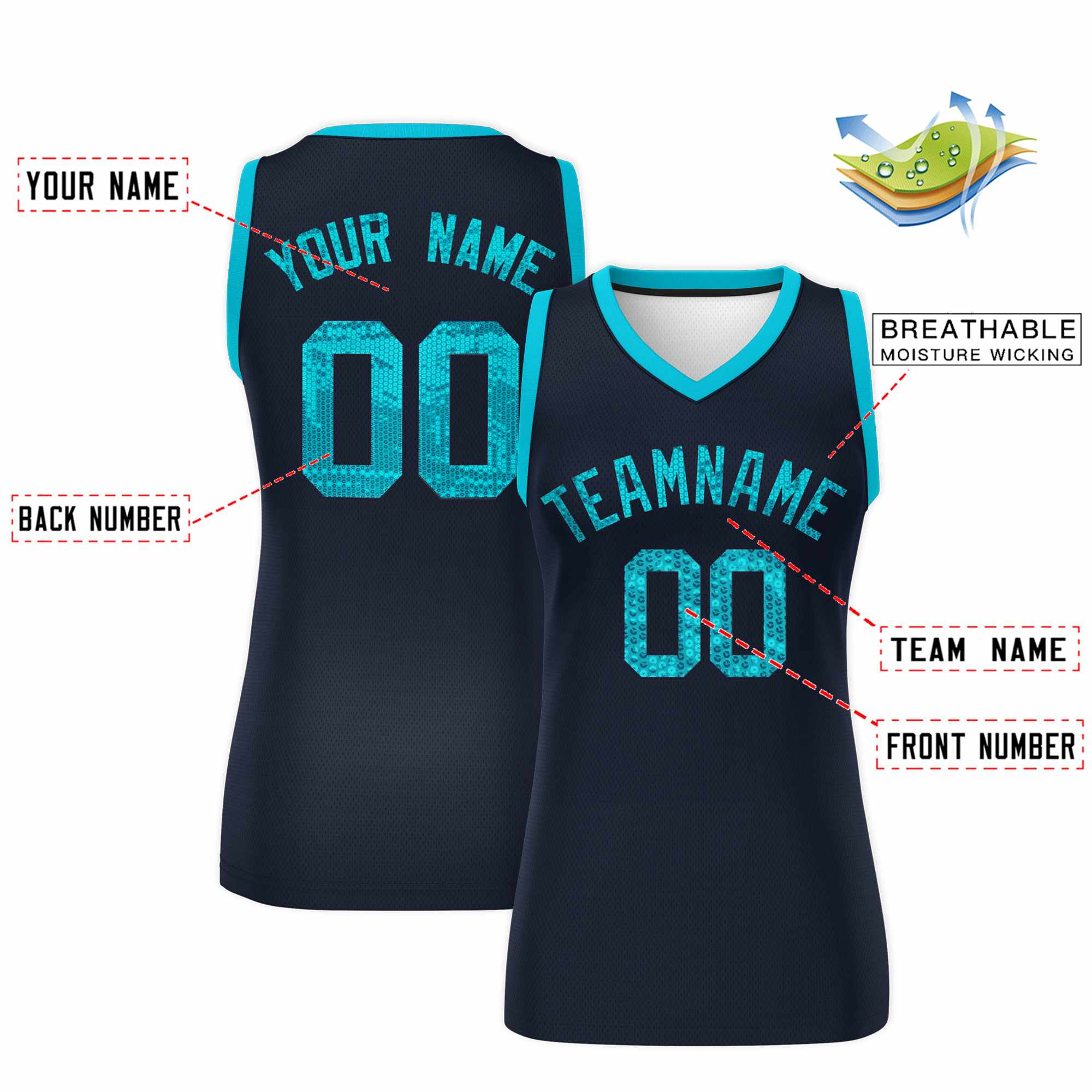 Custom Navy Sky Blue Women Basketball Jersey Sequined Dress|KXKSHOP
