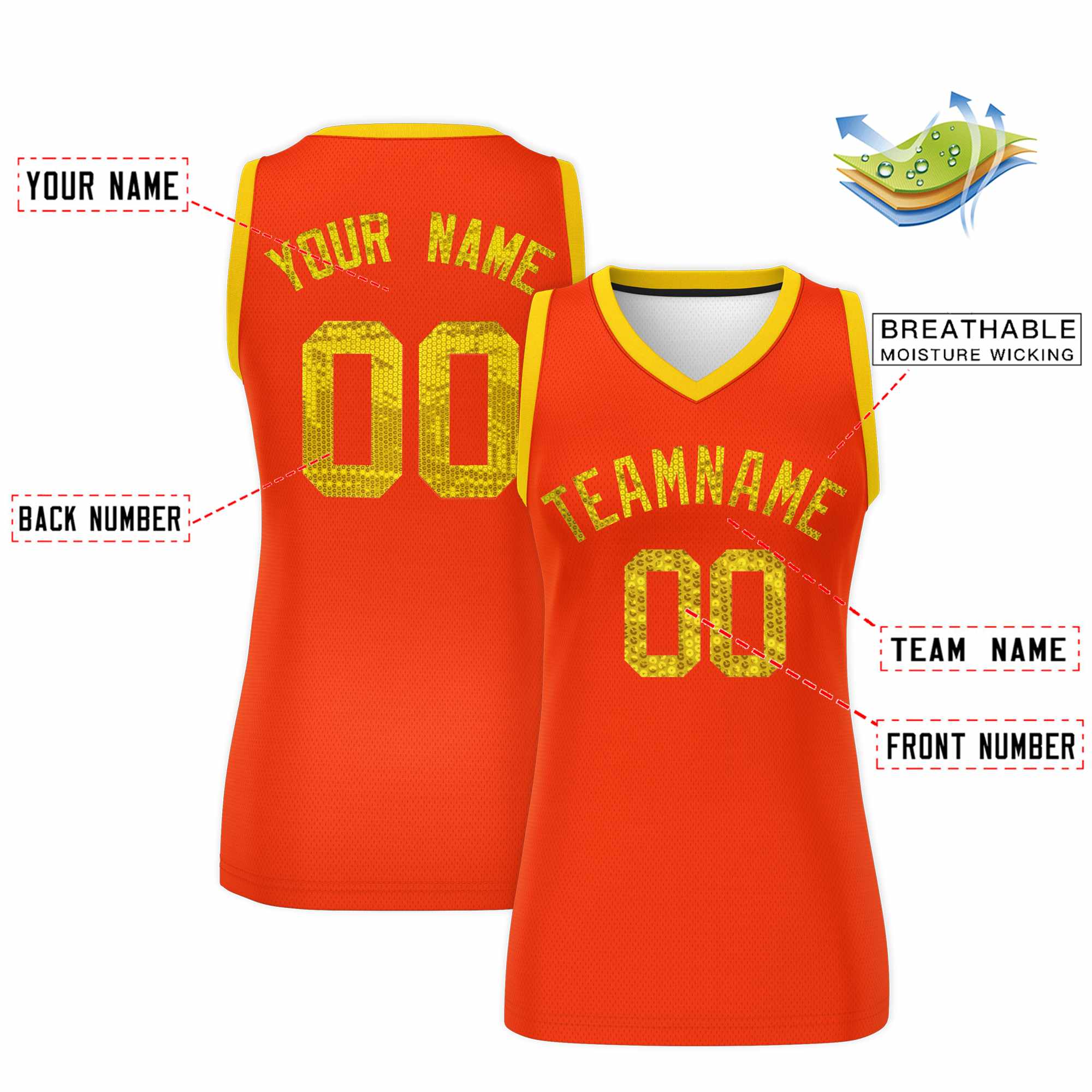 Custom Orange Gold Women Basketball Jersey Sequined Dress|KXKSHOP