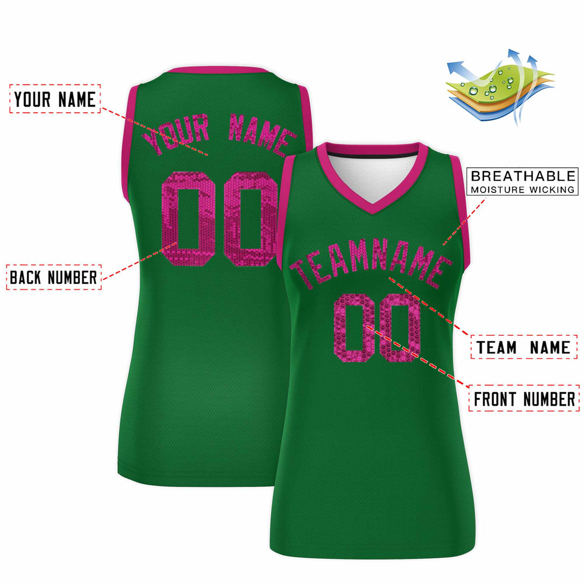 Custom Kelly Green Pink Women Basketball Jersey Sequined Dress|KXKSHOP
