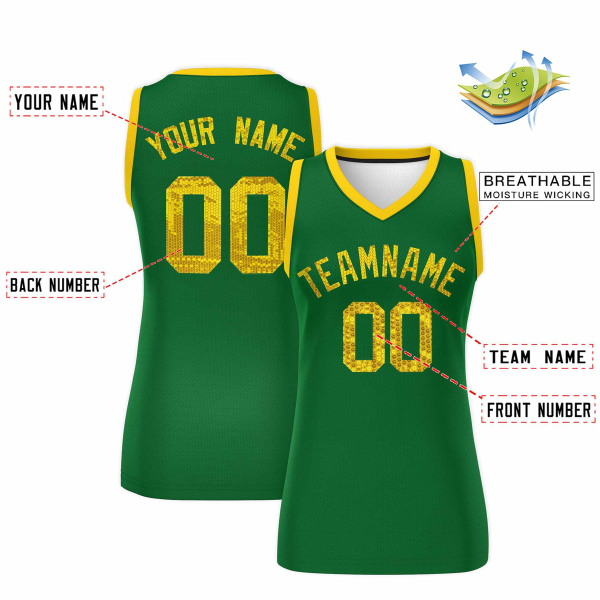 Custom Kelly Green Gold Women Basketball Jersey Sequined Dress|KXKSHOP