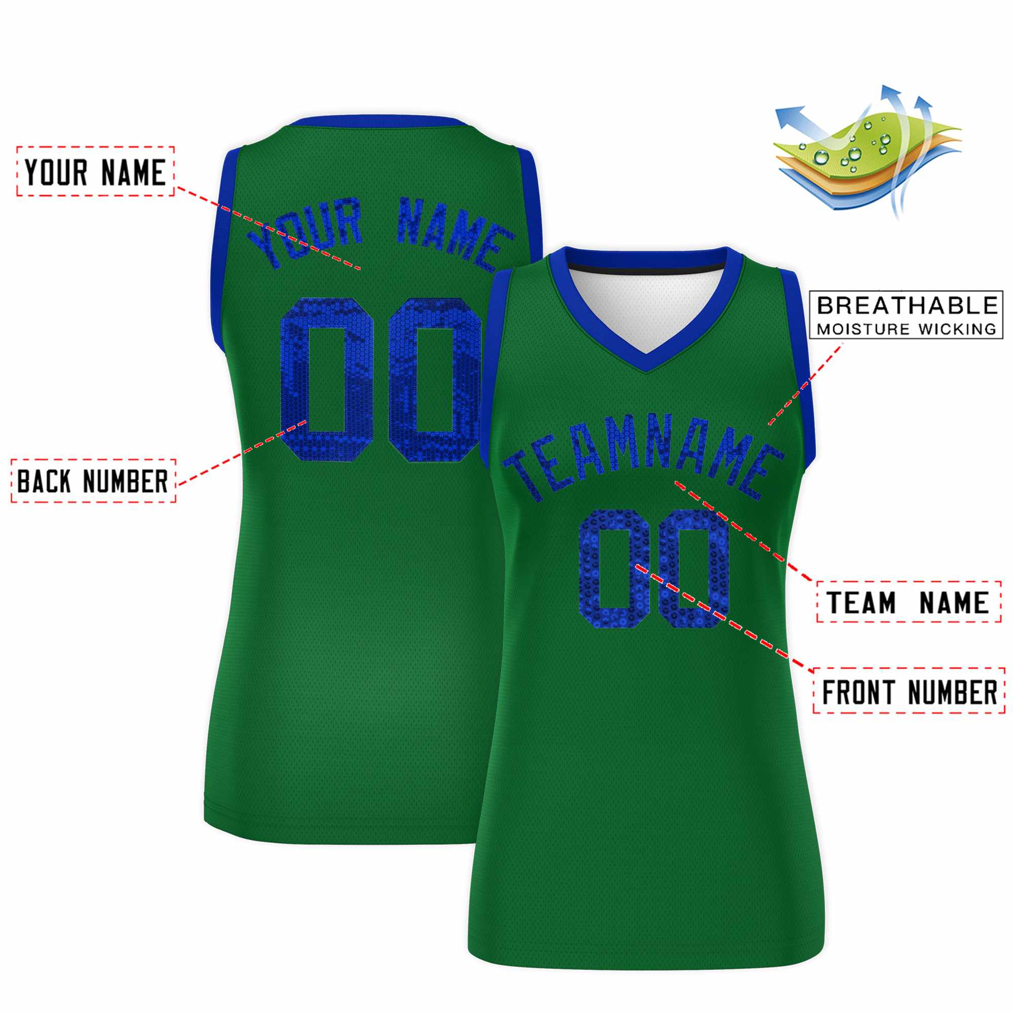 Custom Kelly Green Royal Women Basketball Jersey Sequined Dress|KXKSHOP