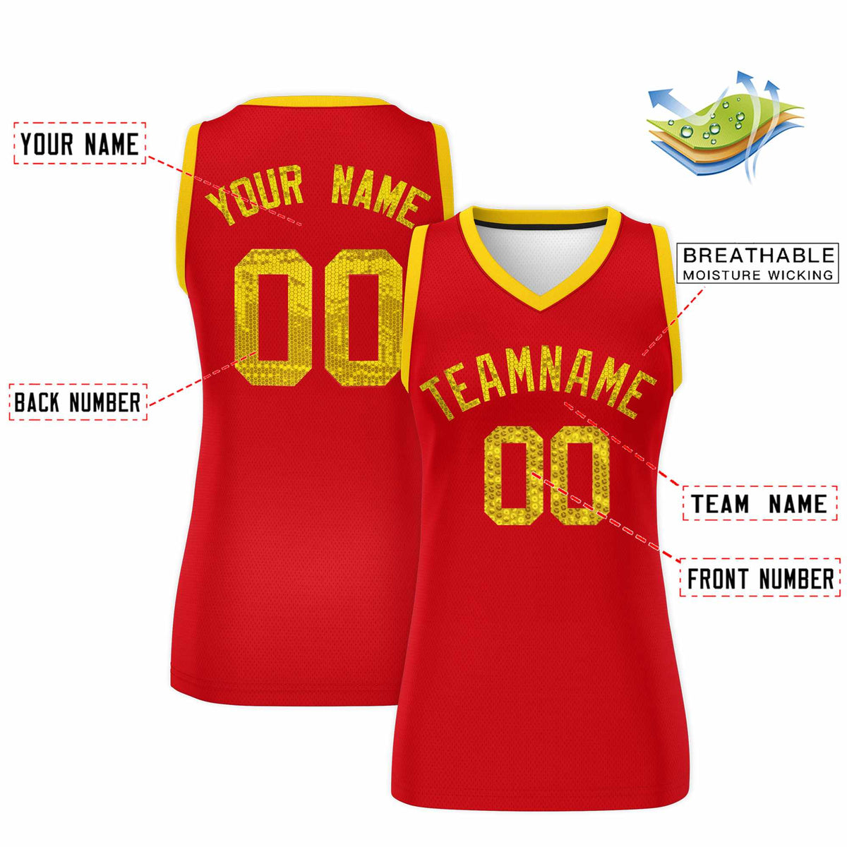 Custom Red Gold Women Basketball Jersey Sequined Dress|KXKSHOP
