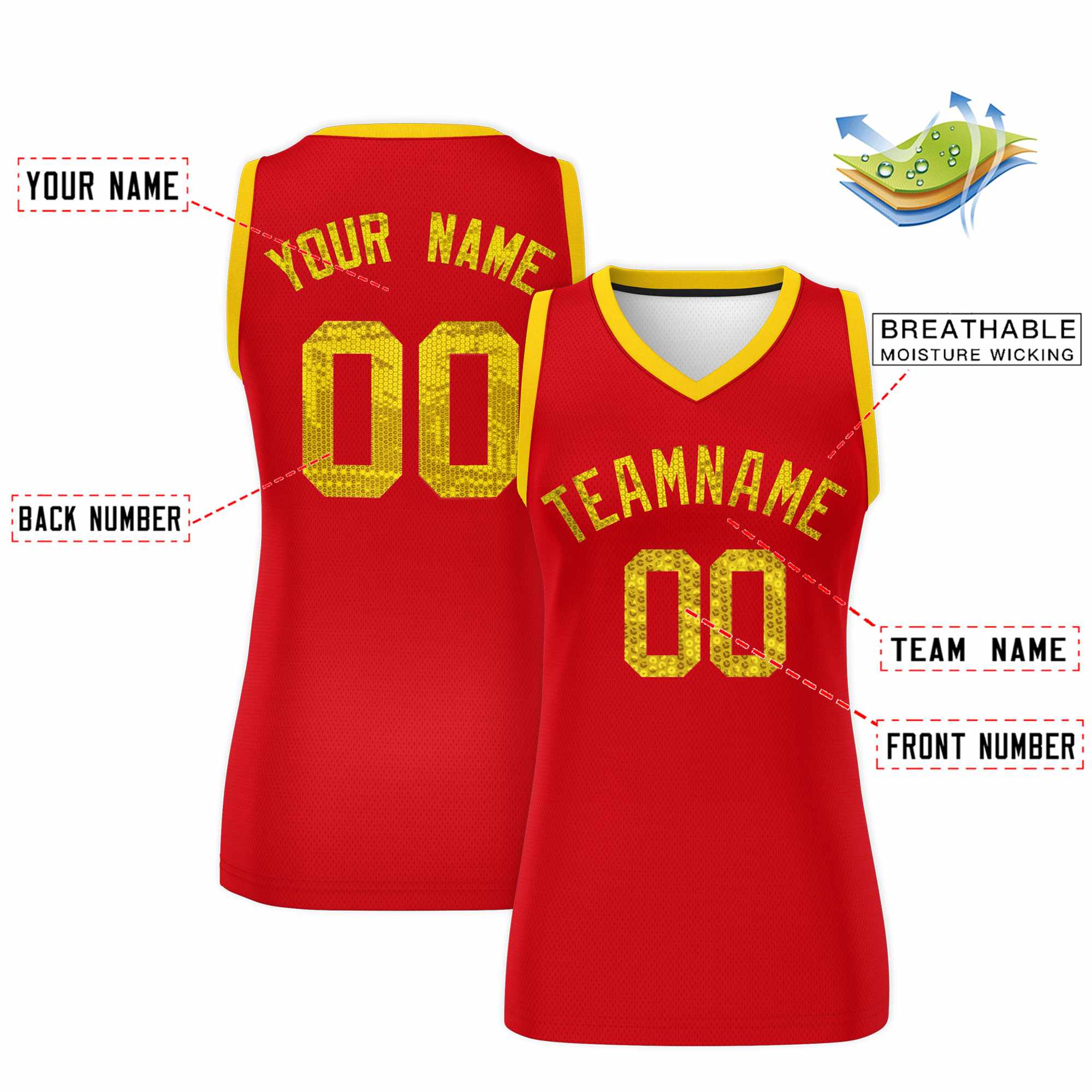 Custom Red Gold Women Basketball Jersey Sequined Dress|KXKSHOP
