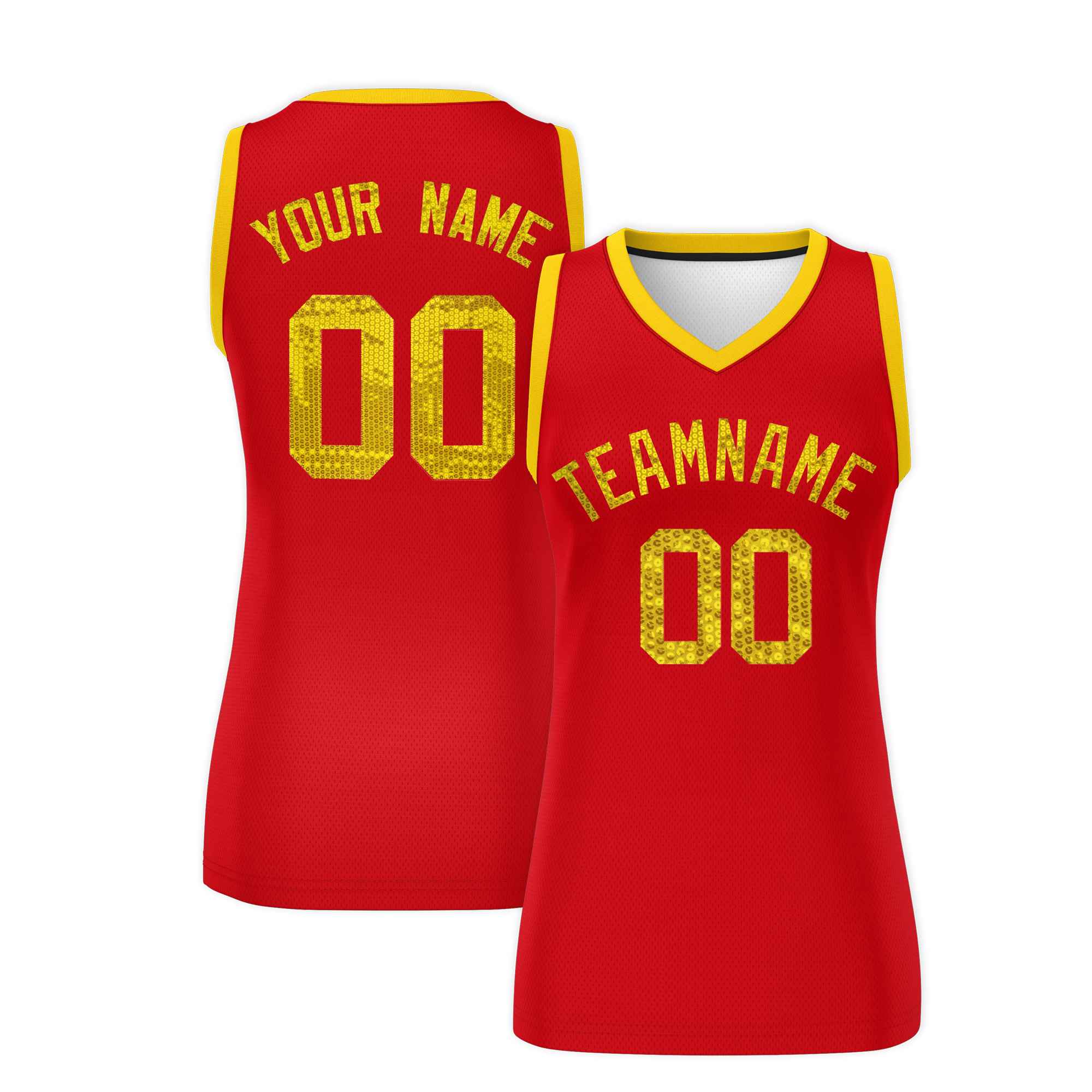Custom Red Gold Women Basketball Jersey Sequined Dress|KXKSHOP