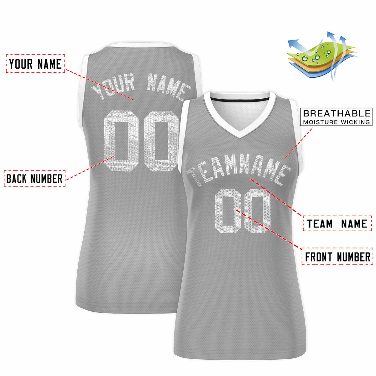 Custom Silver White Women Basketball Jersey Sequined Dress|KXKSHOP