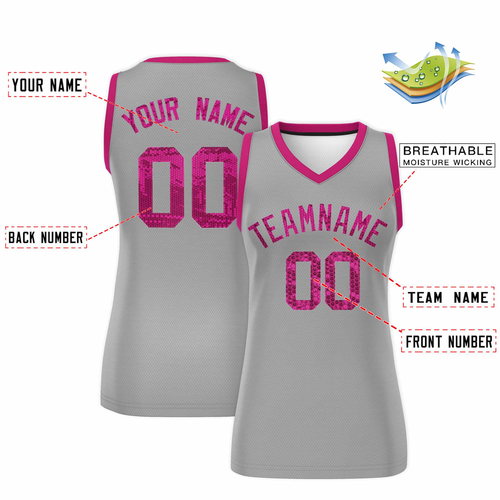 Custom Silver Pink Women Basketball Jersey Sequined Dress|KXKSHOP