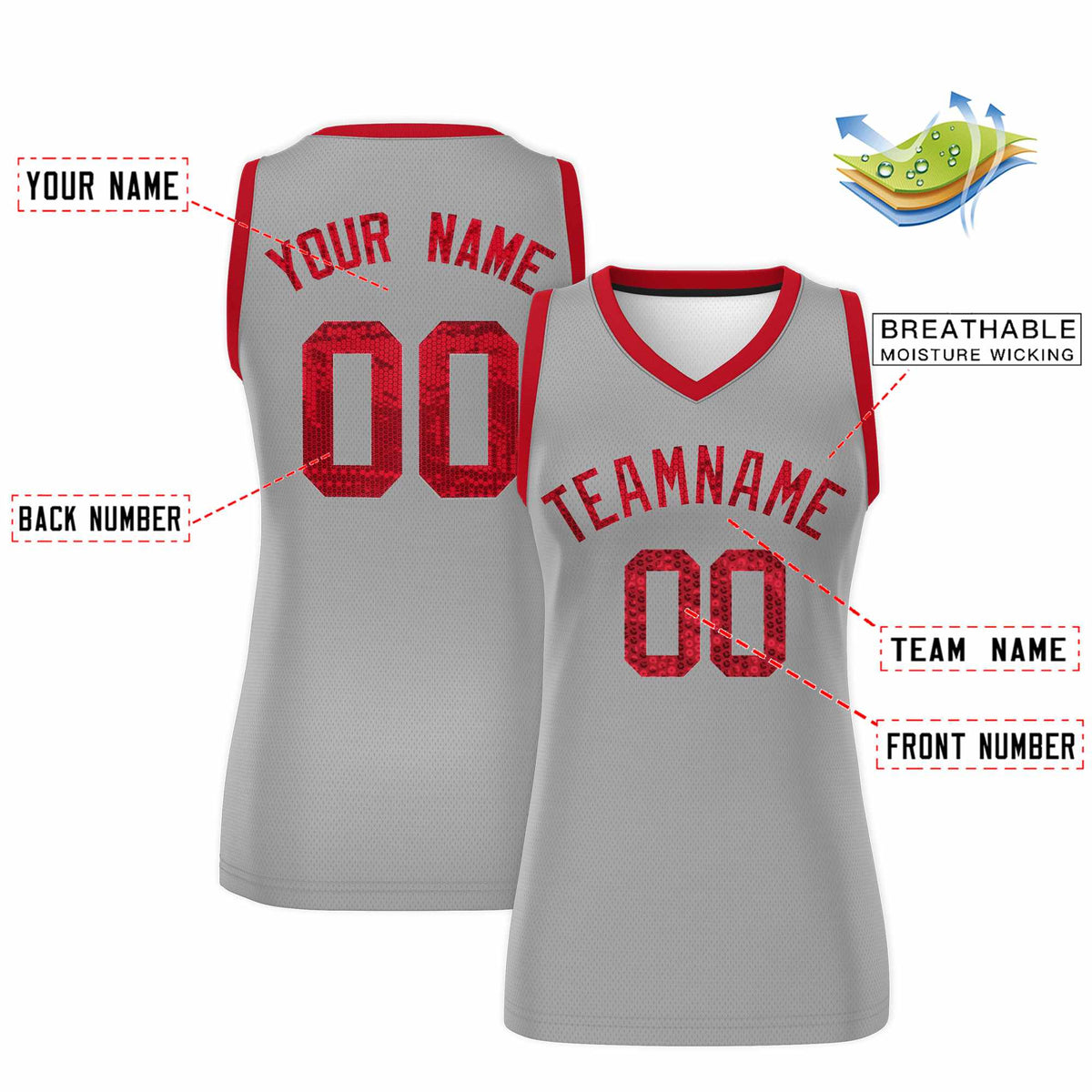Custom Silver Red Women Basketball Jersey Sequined Dress|KXKSHOP