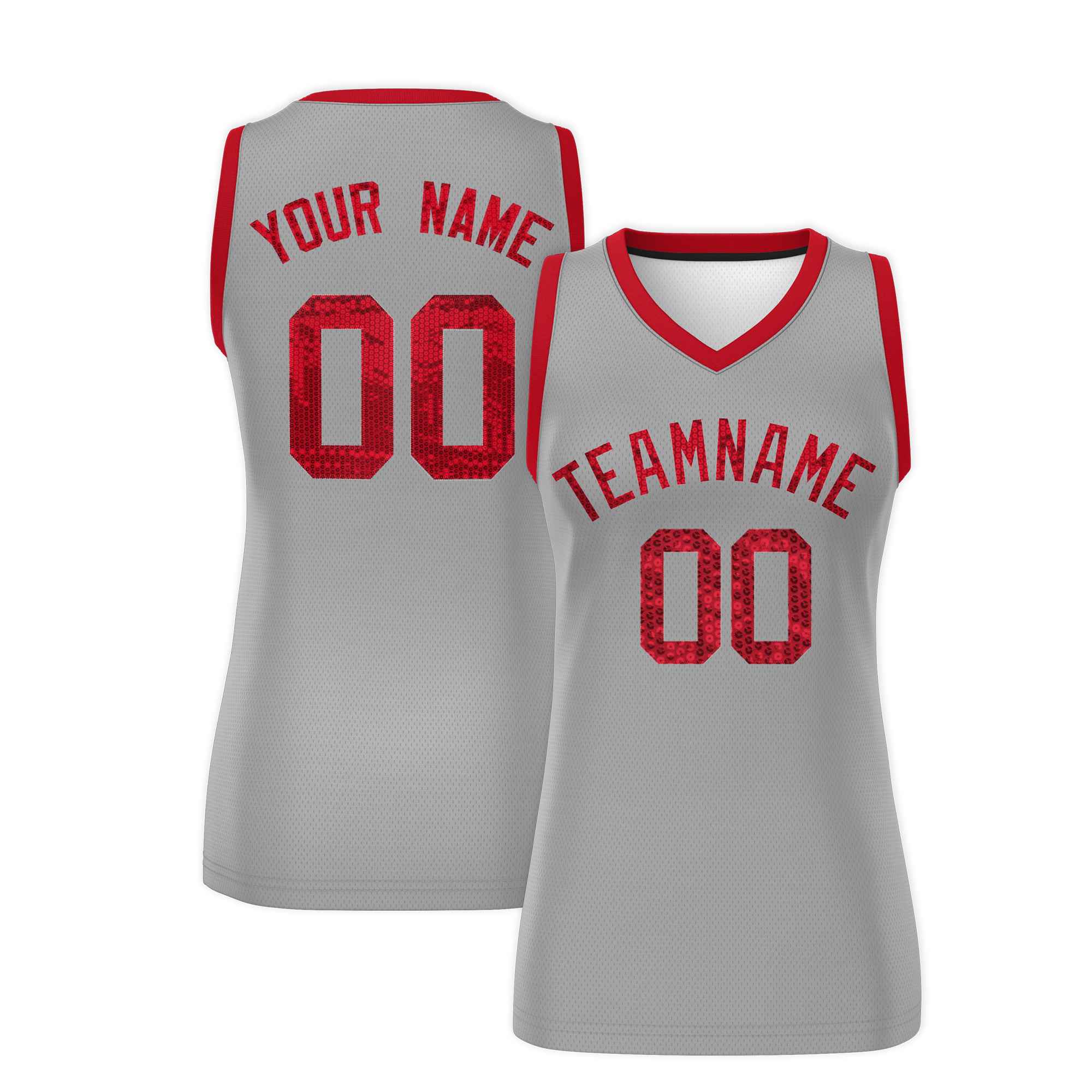 Custom Silver Red Women Basketball Jersey Sequined Dress|KXKSHOP