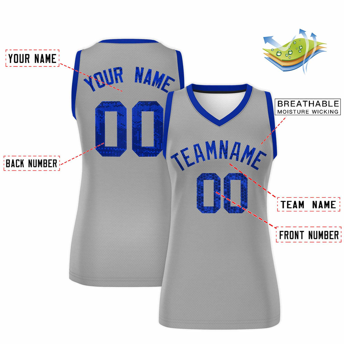 Custom Silver Royal Women Basketball Jersey Sequined Dress|KXKSHOP