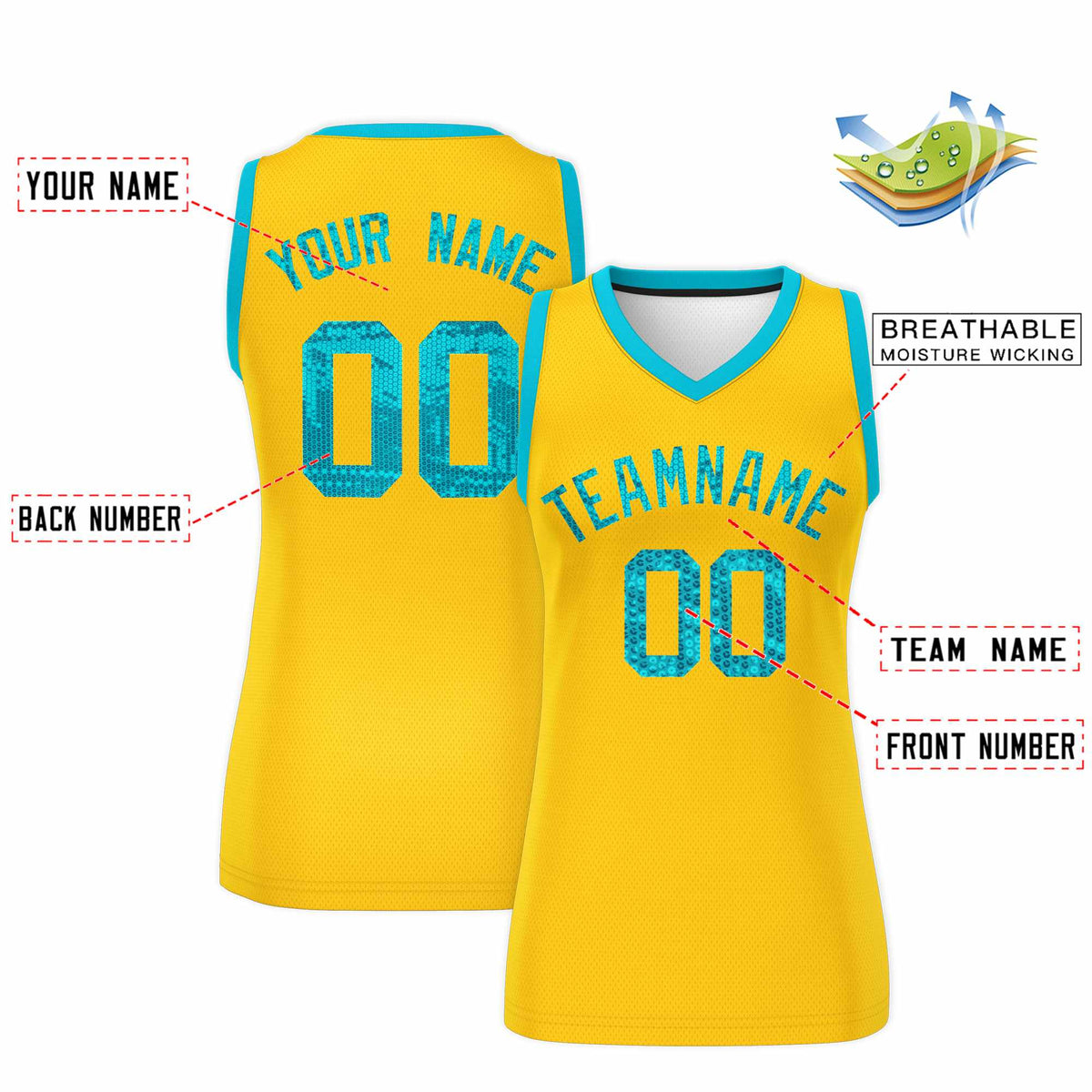 Custom Gold Sky Blue Women Basketball Jersey Sequined Dress|KXKSHOP