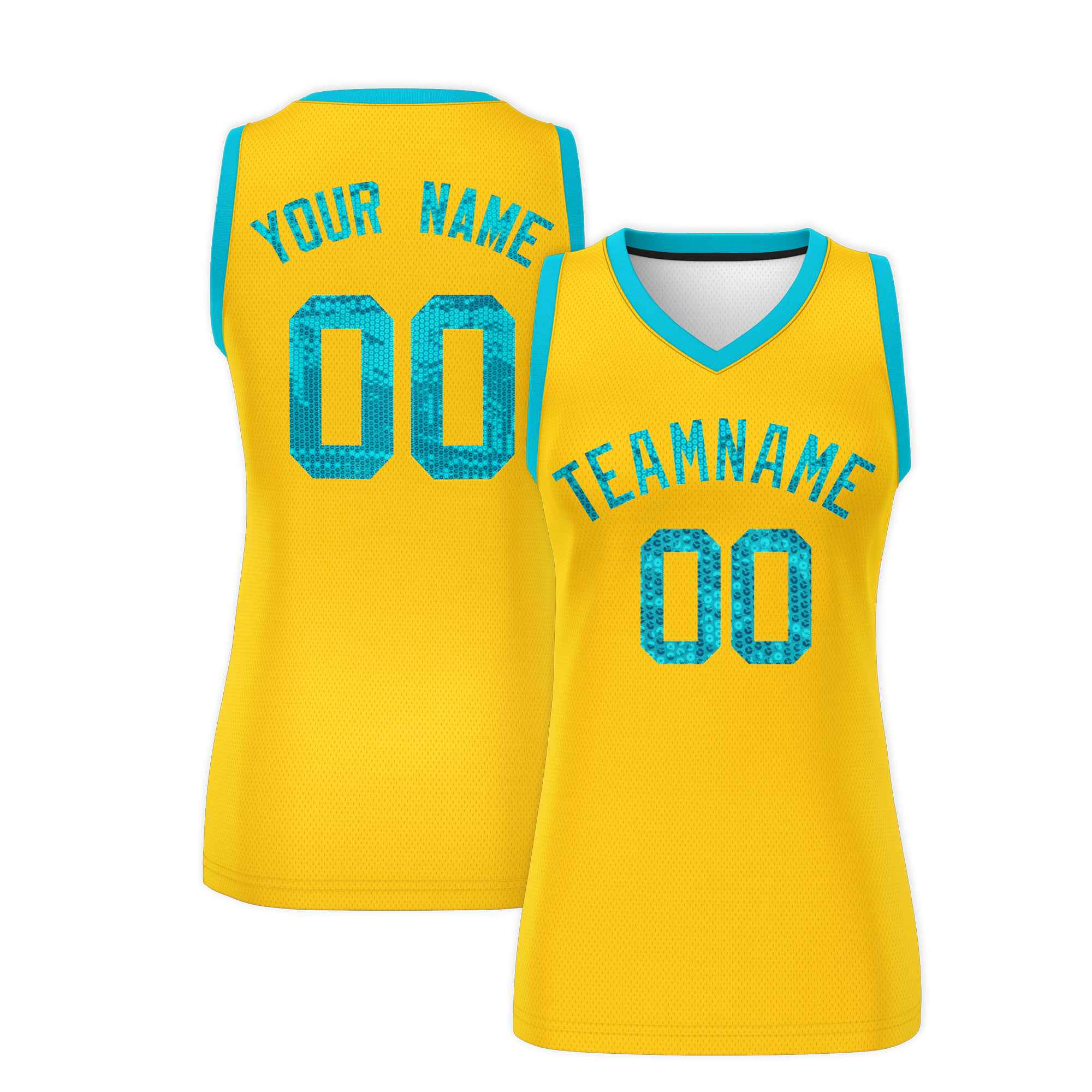Custom Gold Sky Blue Women Basketball Jersey Sequined Dress|KXKSHOP