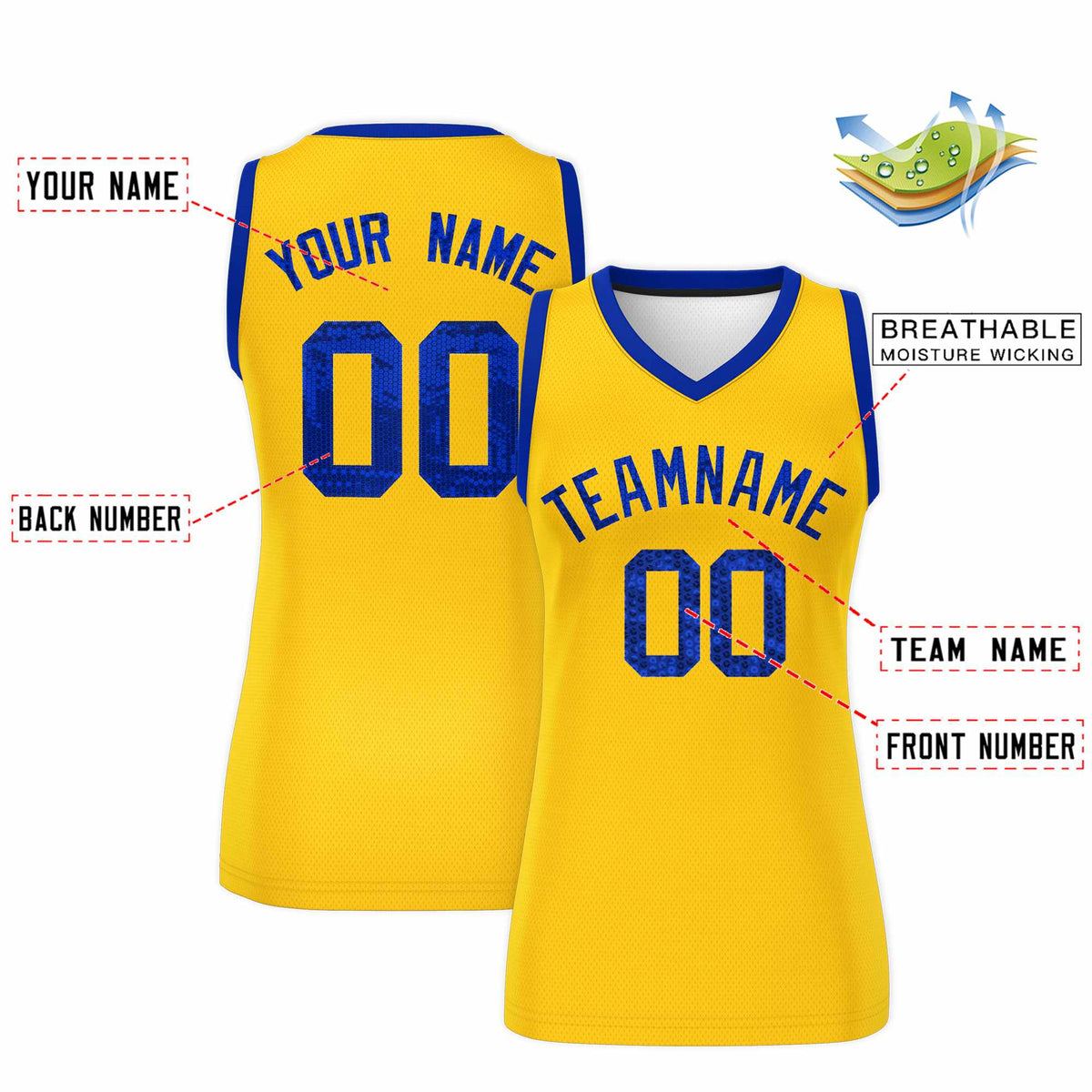 Custom Gold Royal Women Basketball Jersey Sequined Dress|KXKSHOP