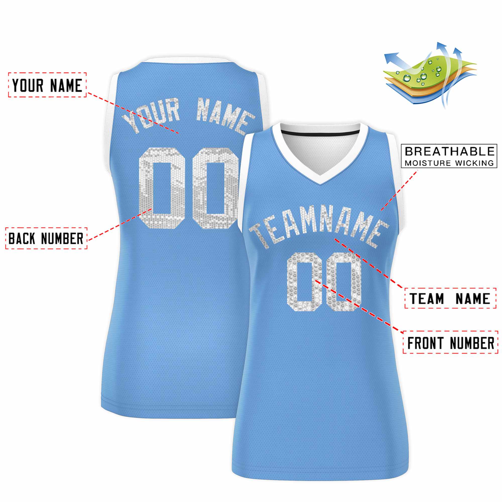 Custom Light Blue White Women Basketball Jersey Sequined Dress|KXKSHOP