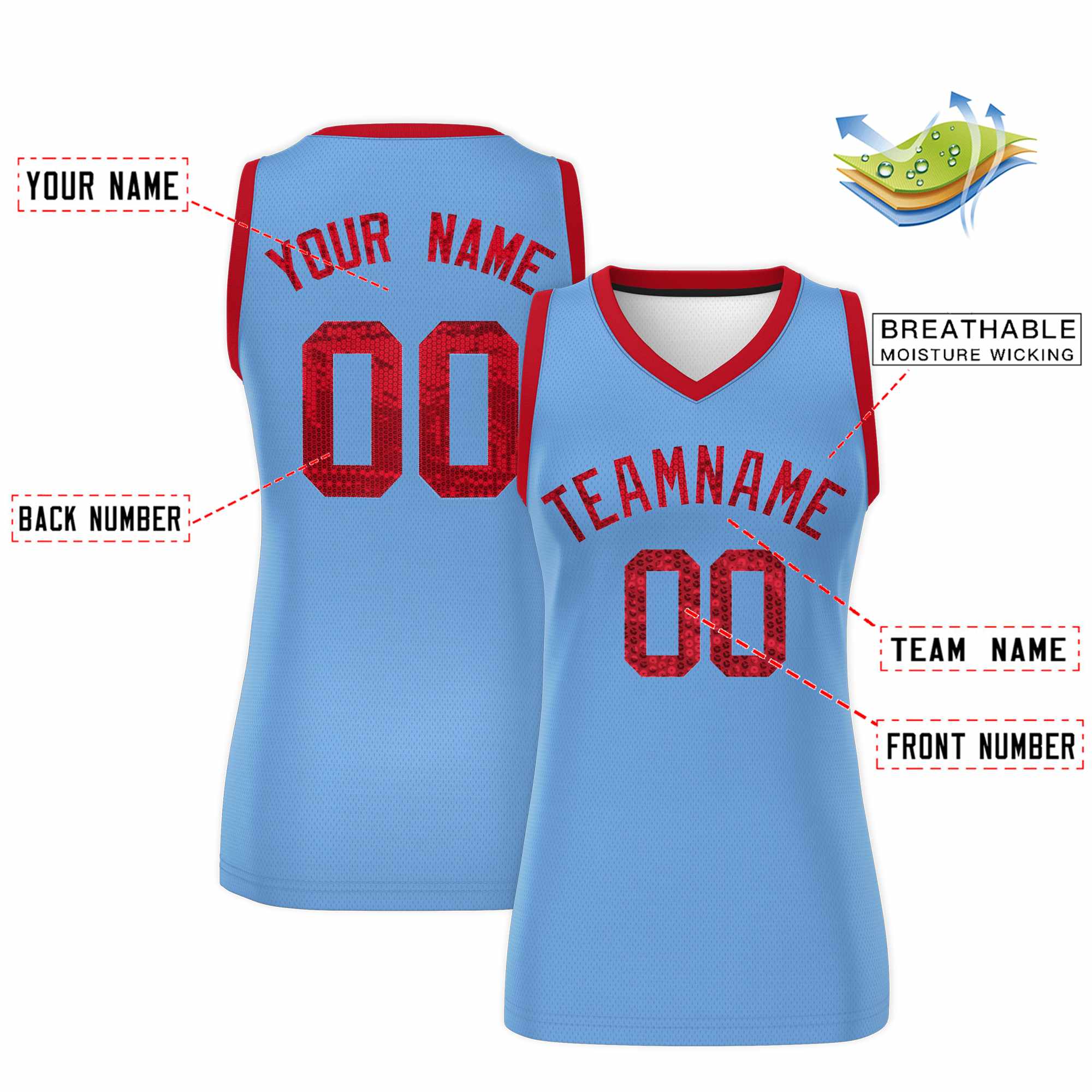 Custom Light Blue Red Women Basketball Jersey Sequined Dress|KXKSHOP