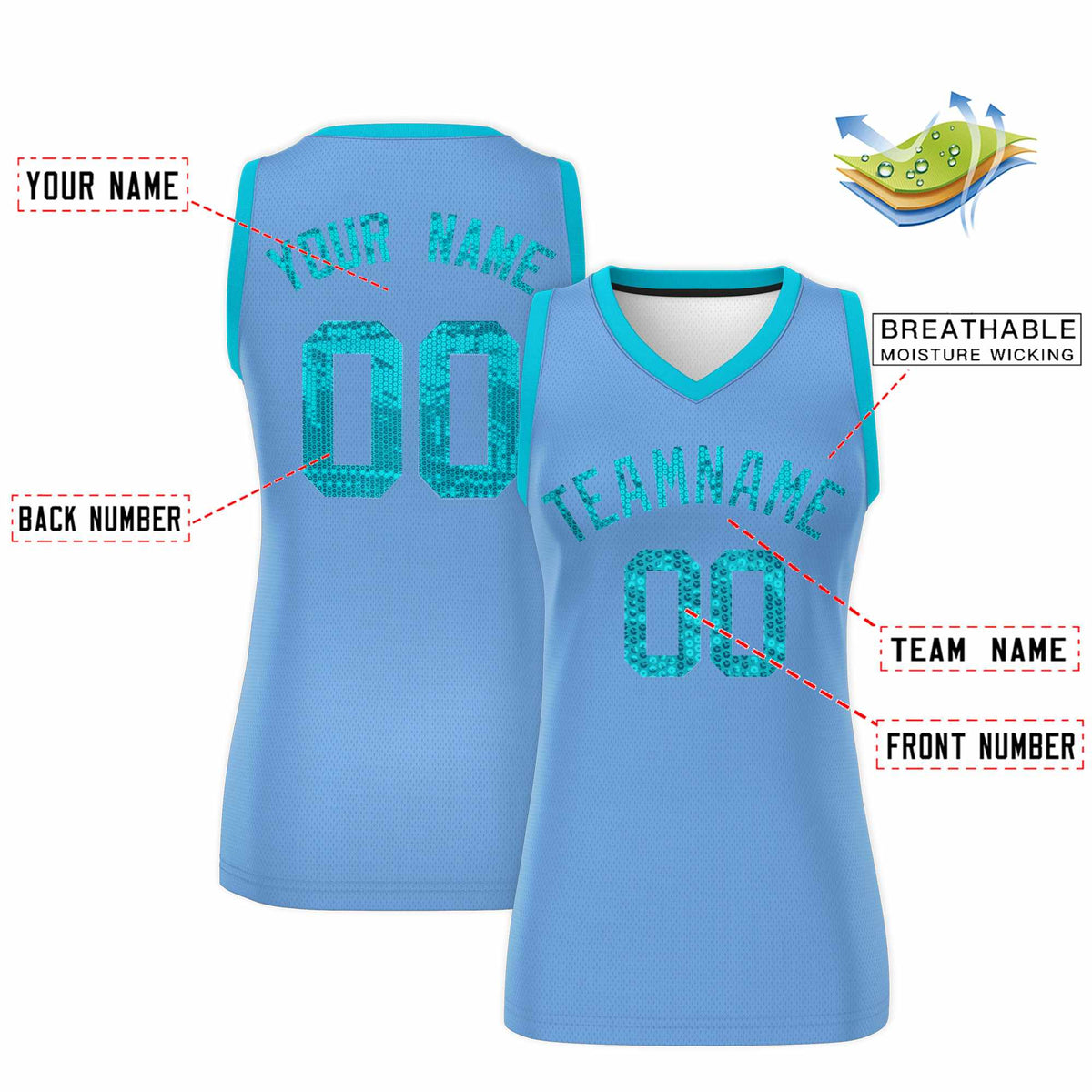 Custom Light Blue Sky Blue Women Basketball Jersey Sequined Dress|KXKSHOP