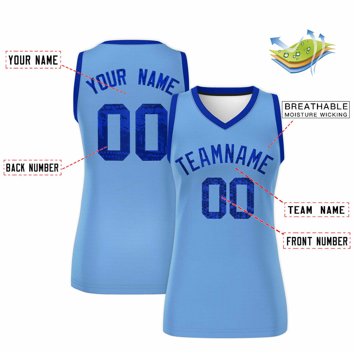 Custom Light Blue Royal Women Basketball Jersey Sequined Dress|KXKSHOP