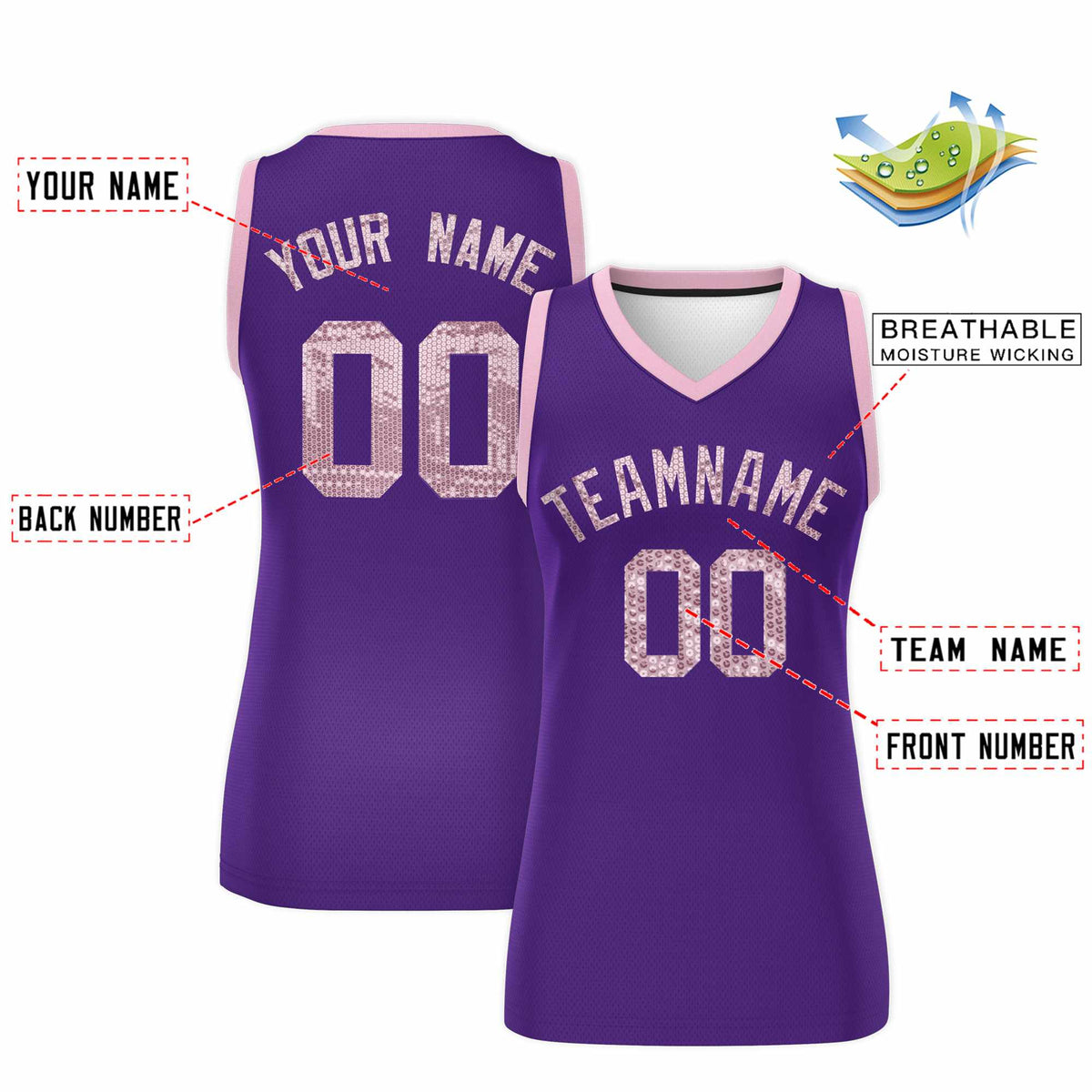 Custom Purple Light Pink Women Basketball Jersey Sequined Dress|KXKSHOP