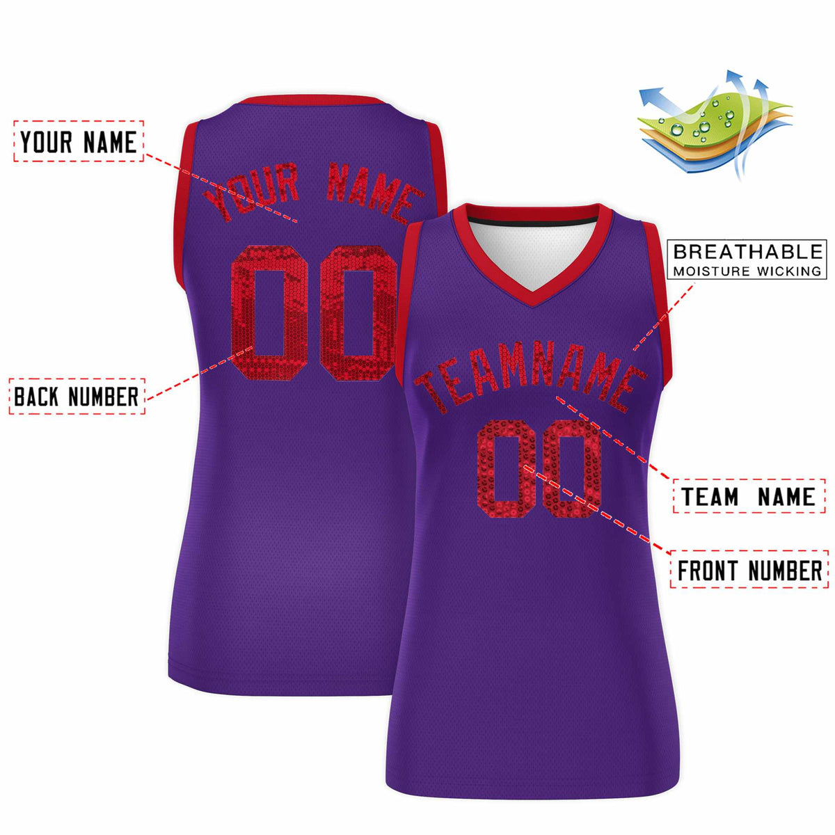 Custom Purple Red Women Basketball Jersey Sequined Dress|KXKSHOP