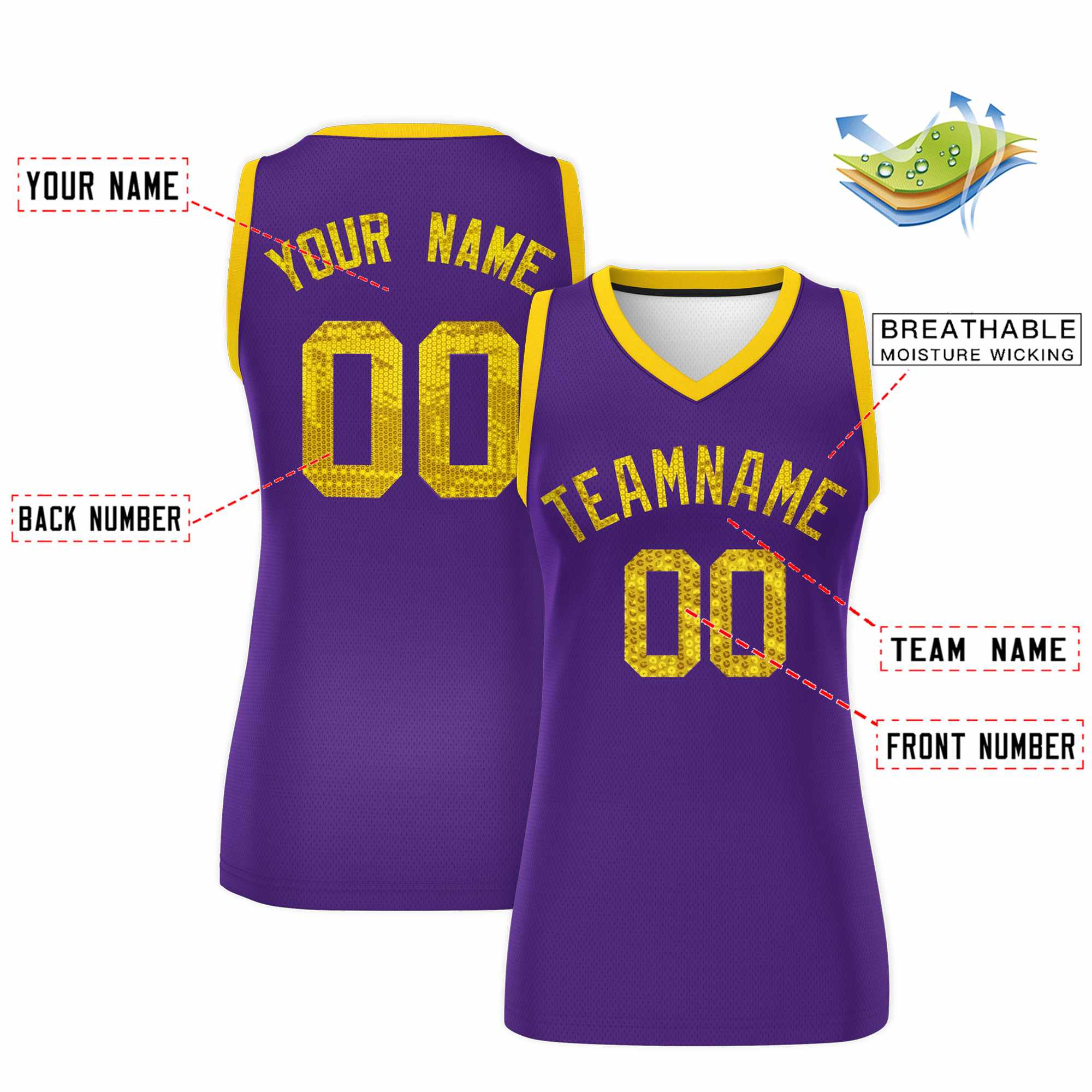 Custom Purple Gold Women Basketball Jersey Sequined Dress|KXKSHOP