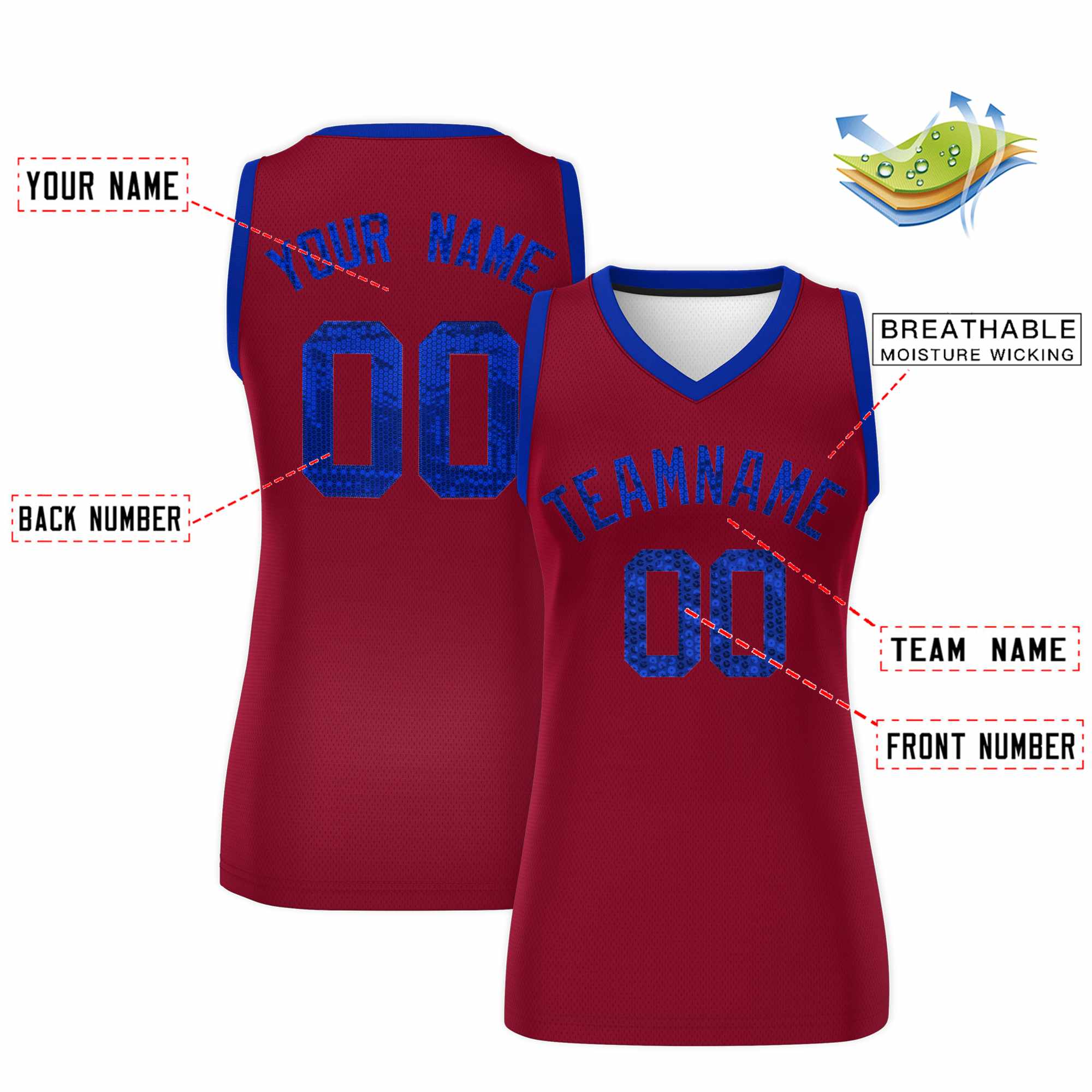 Custom Crimson Royal Women Basketball Jersey Sequined Dress|KXKSHOP