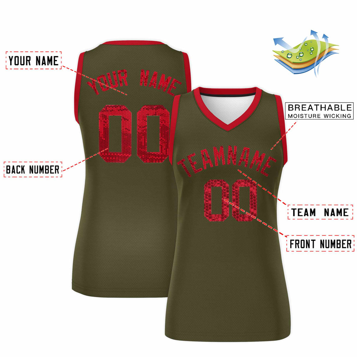Custom Olive Red Women Basketball Jersey Sequined Dress|KXKSHOP