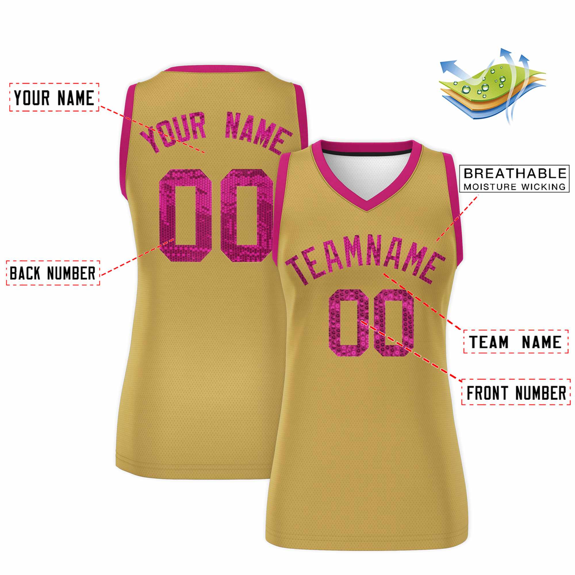 Custom Old Gold Pink Women Basketball Jersey Sequined Dress|KXKSHOP