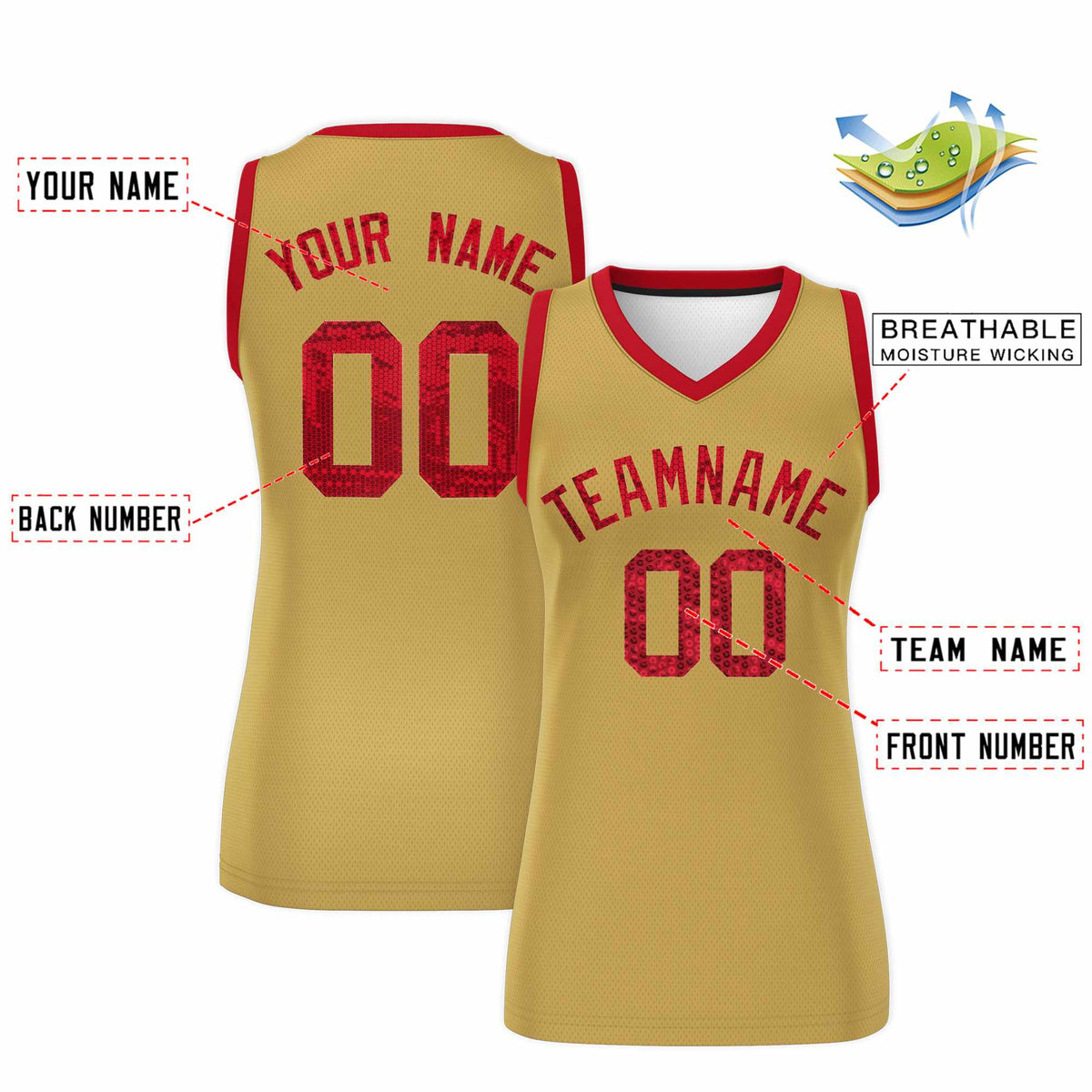 Custom Old Gold Red Women Basketball Jersey Sequined Dress|KXKSHOP