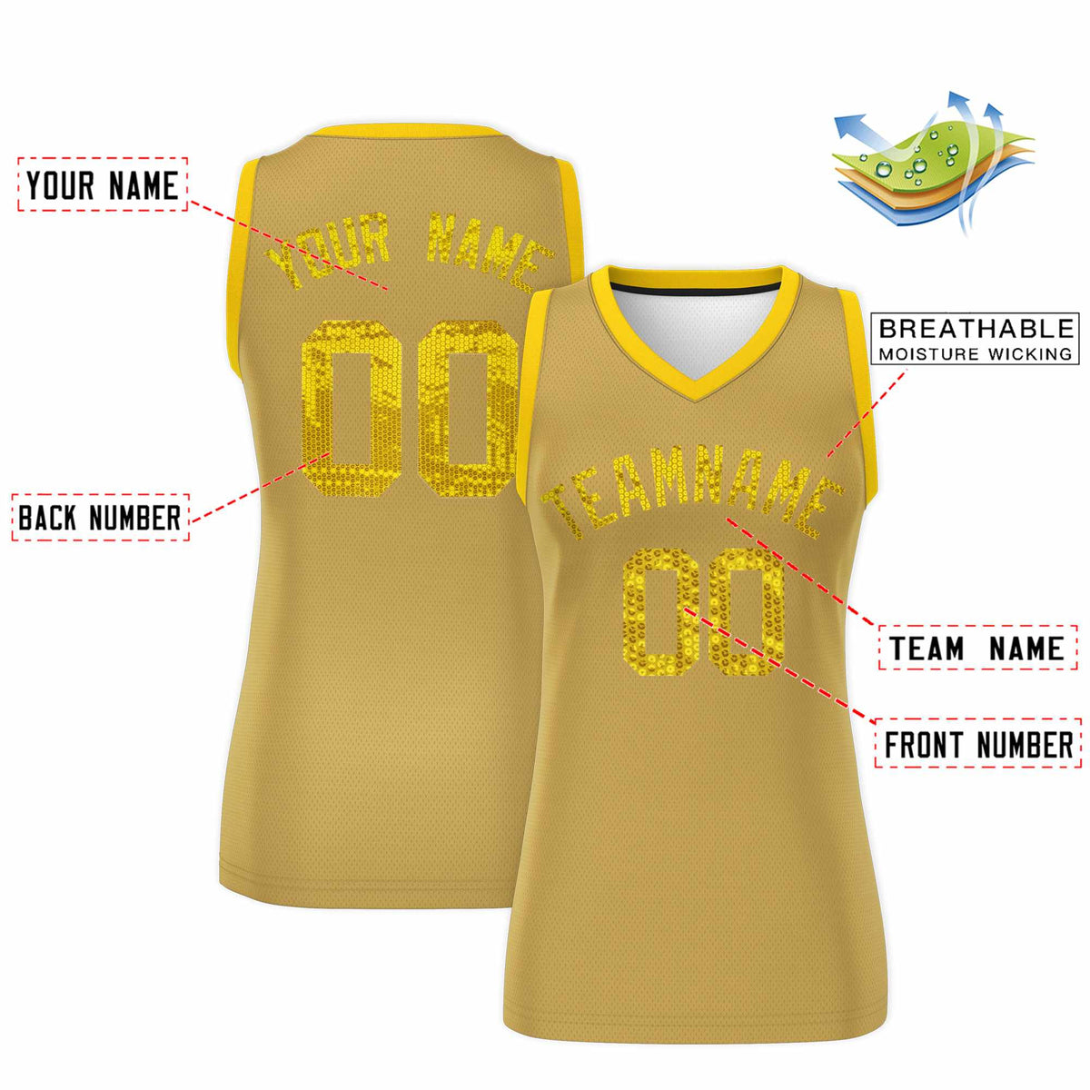 Custom Old Gold Gold Women Basketball Jersey Sequined Dress|KXKSHOP