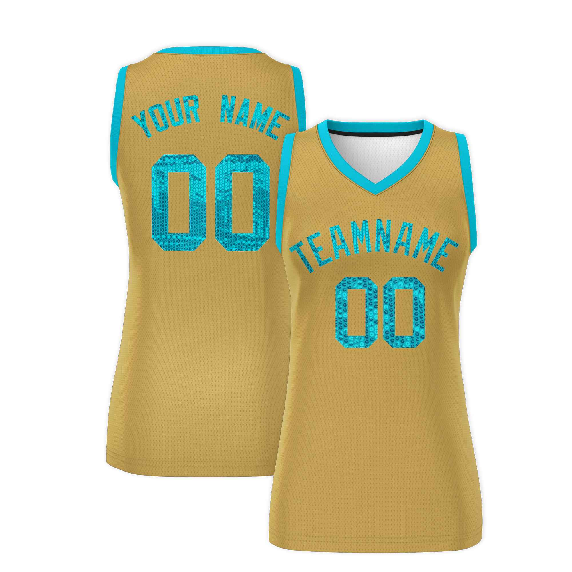 Custom Old Gold Sky Blue Women Basketball Jersey Sequined Dress|KXKSHOP