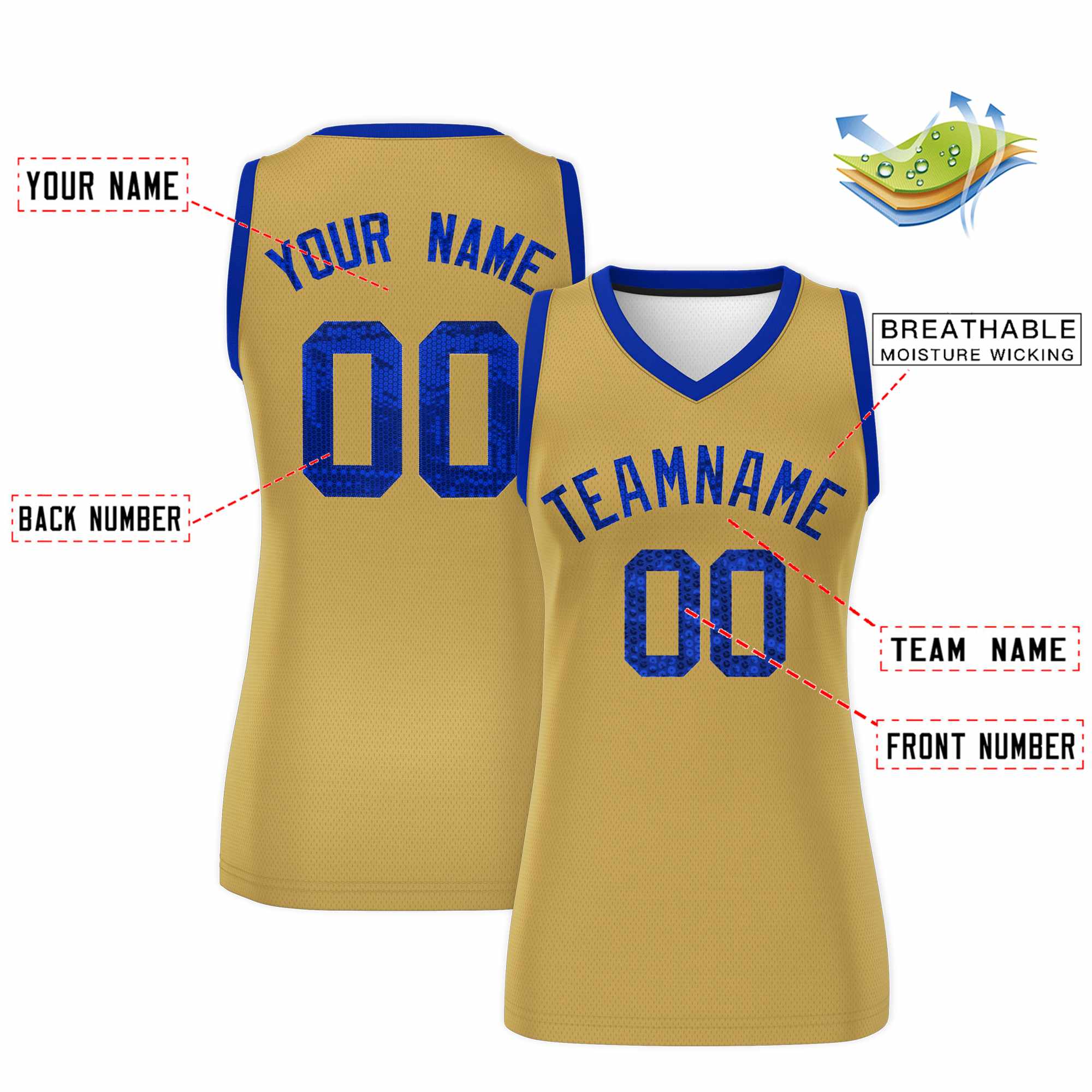 Custom Old Gold Royal Women Basketball Jersey Sequined Dress|KXKSHOP