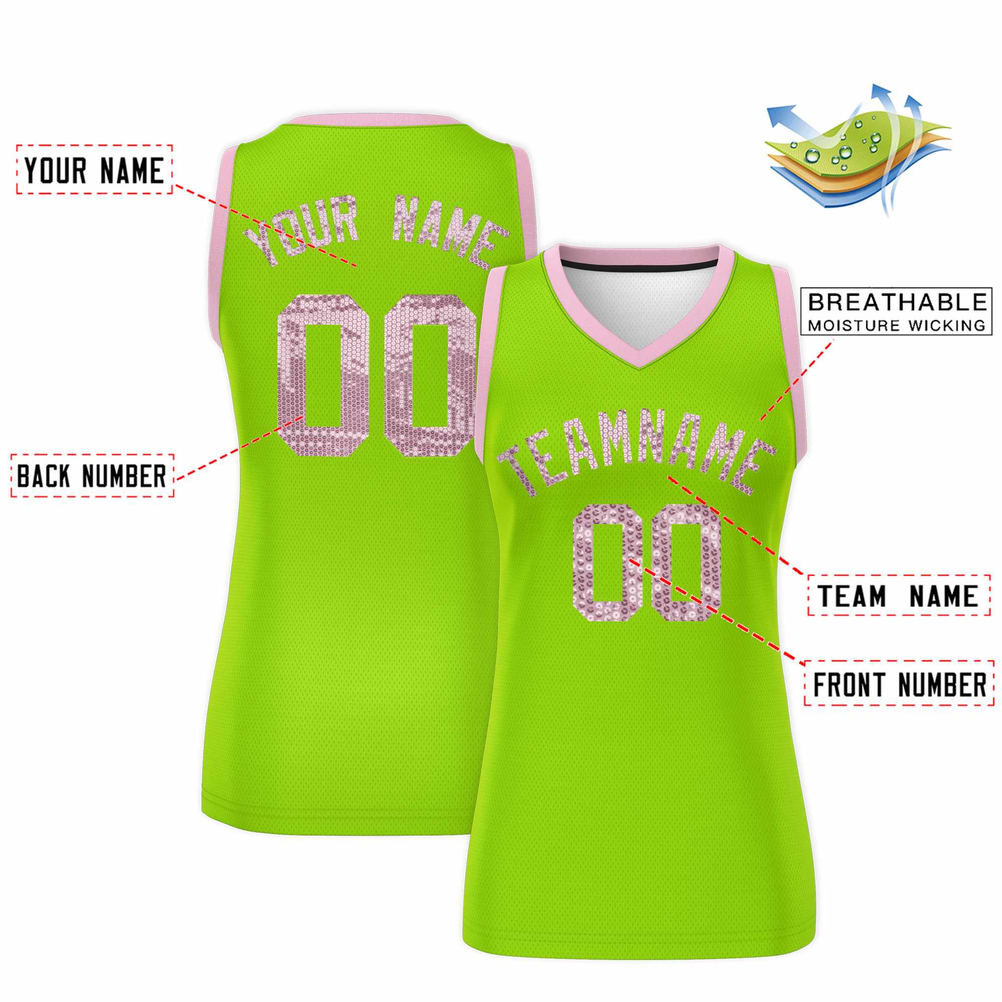 Custom Neon Green Light Pink Women Basketball Jersey Sequined Dress|KXKSHOP