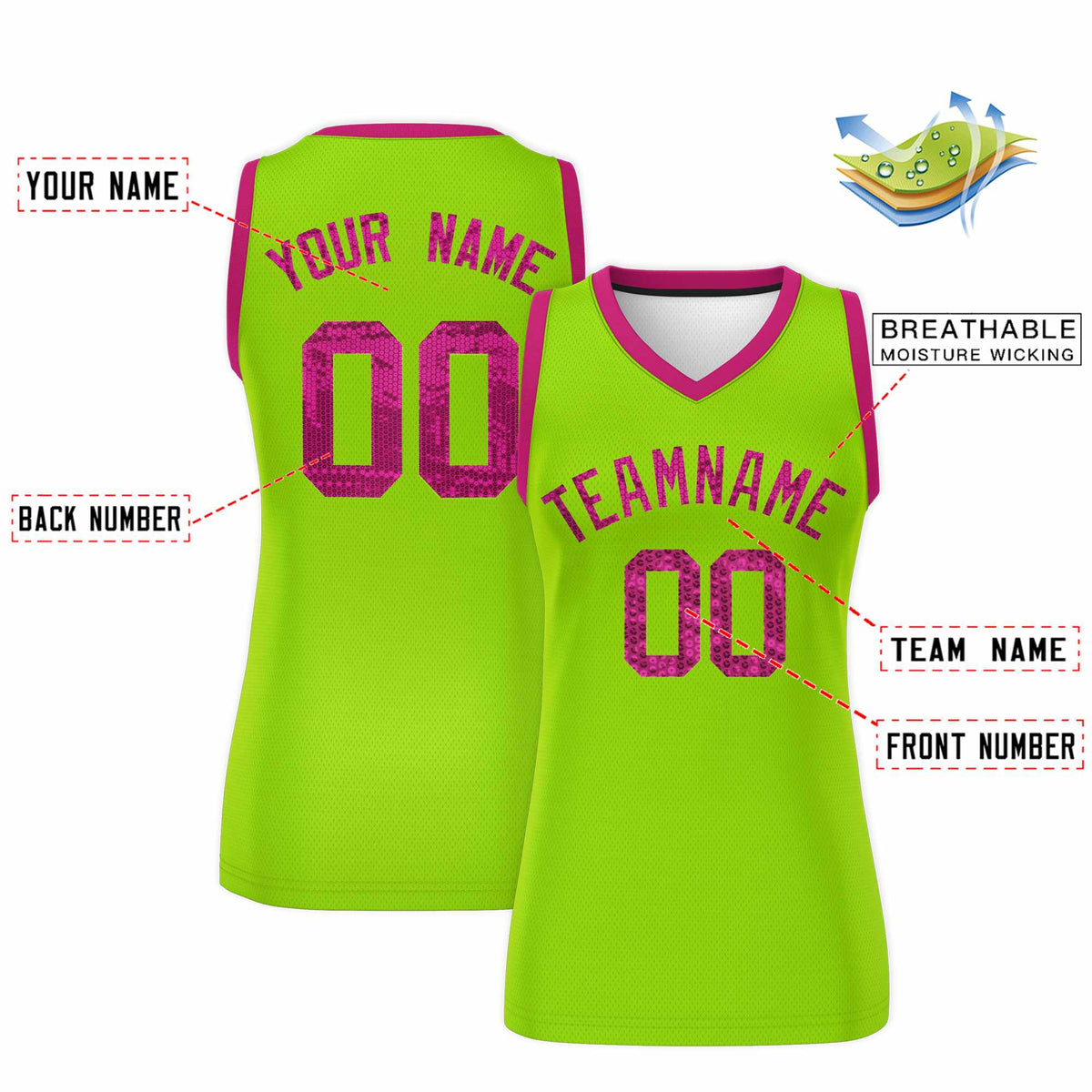 Custom Neon Green Pink Women Basketball Jersey Sequined Dress|KXKSHOP