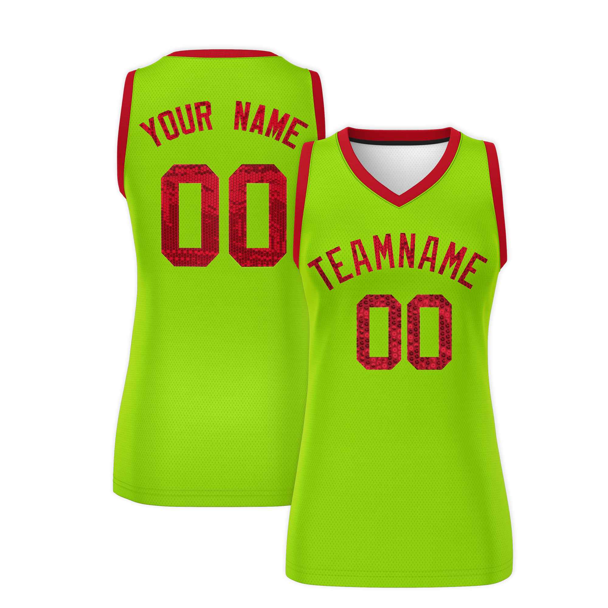 Custom Neon Green Red Women Basketball Jersey Sequined Dress|KXKSHOP
