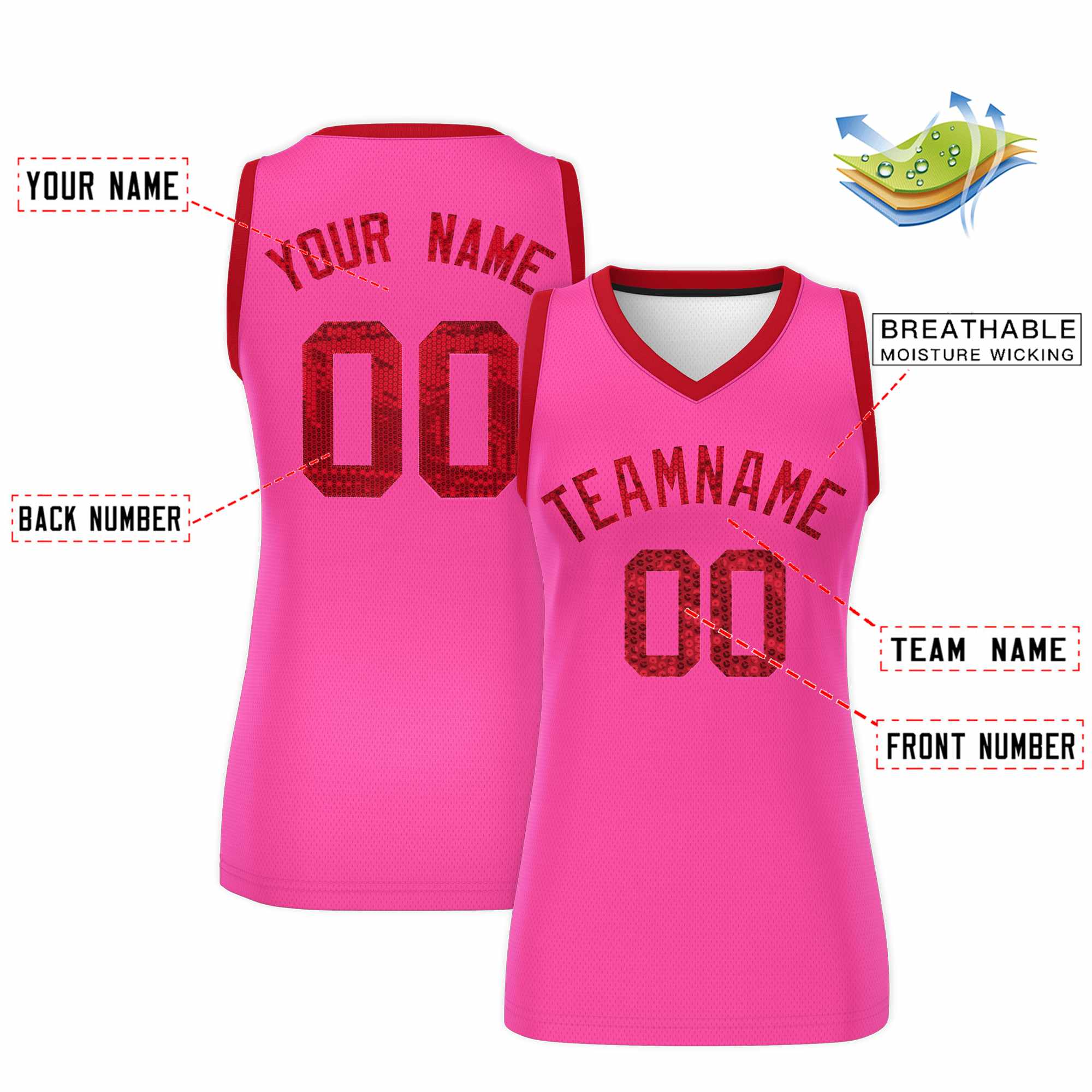 Custom Pink Red Women Basketball Jersey Sequined Dress|KXKSHOP