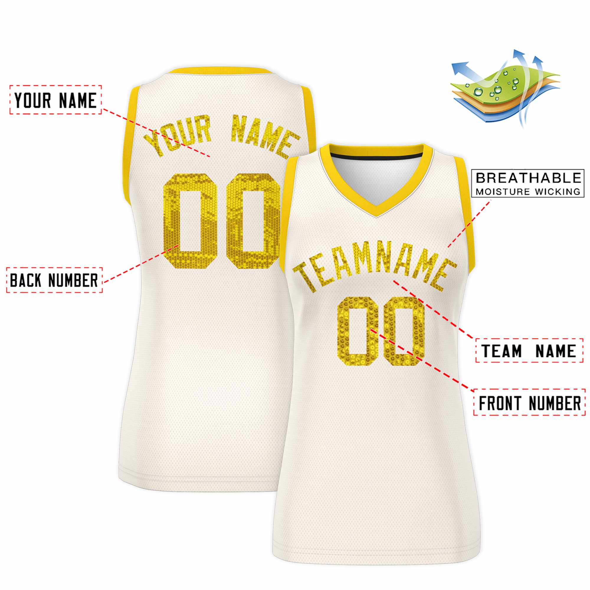 Custom Cream Gold Women Basketball Jersey Sequined Dress|KXKSHOP