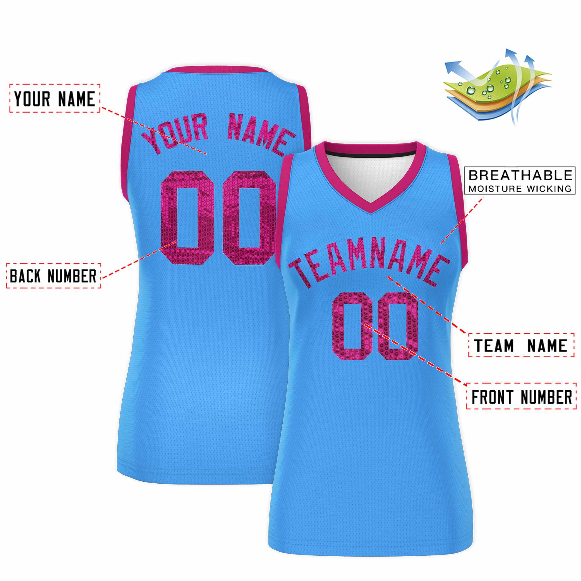 Custom Powder Blue Pink Women Basketball Jersey Sequined Dress|KXKSHOP