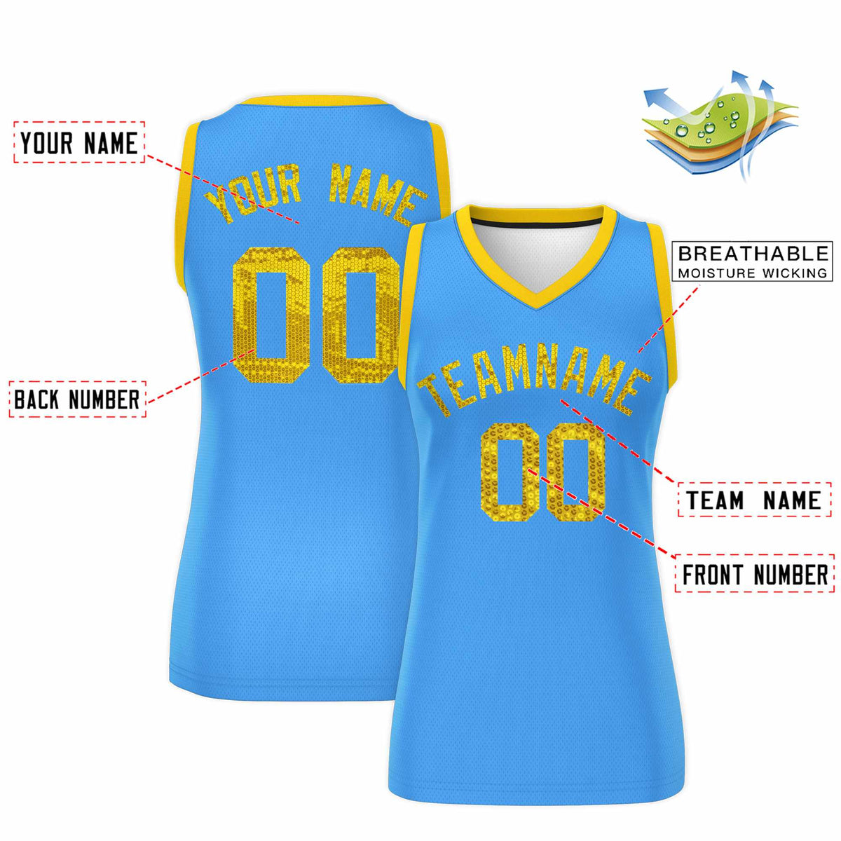 Custom Powder Blue Gold Women Basketball Jersey Sequined Dress|KXKSHOP