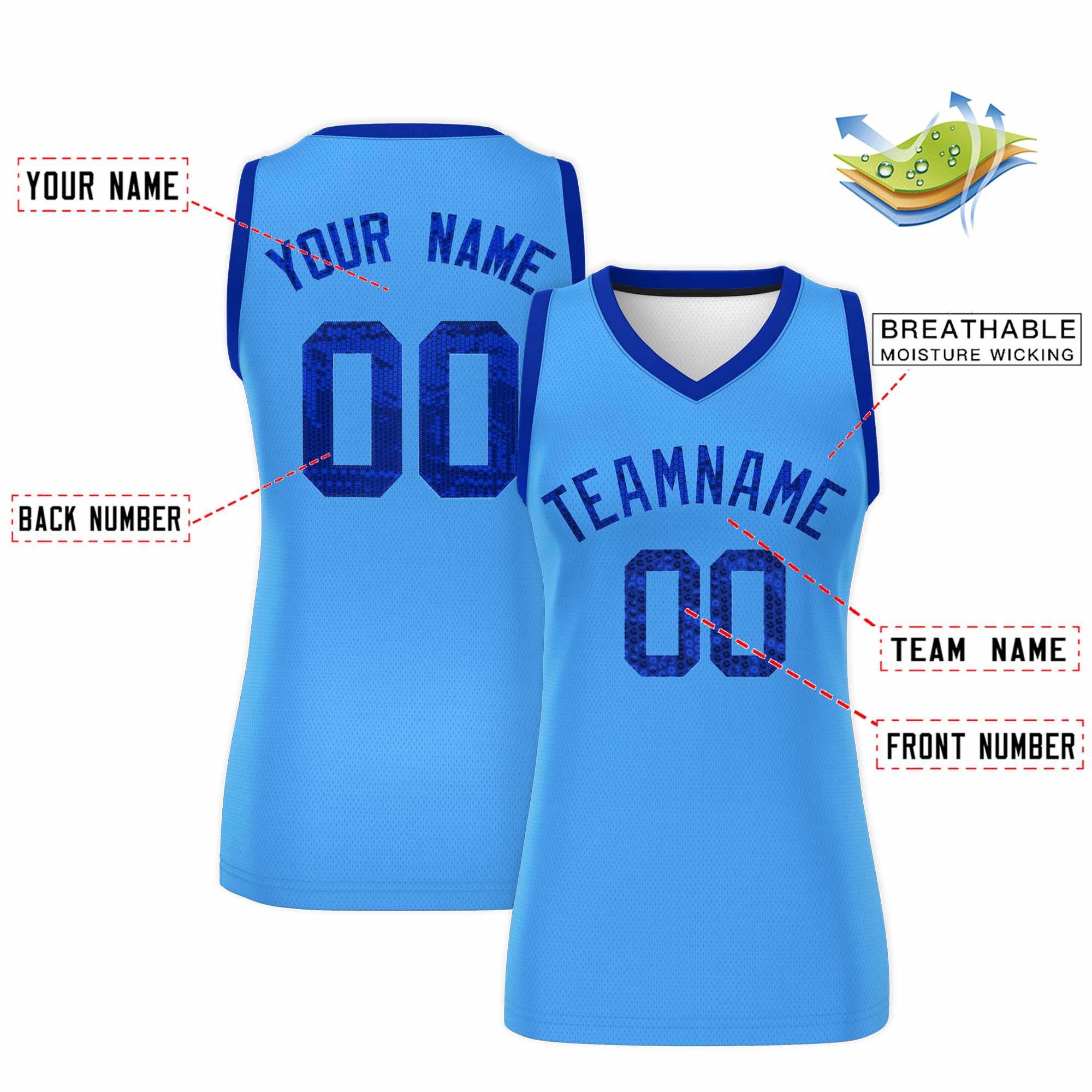 Custom Powder Blue Royal Women Basketball Jersey Sequined Dress|KXKSHOP
