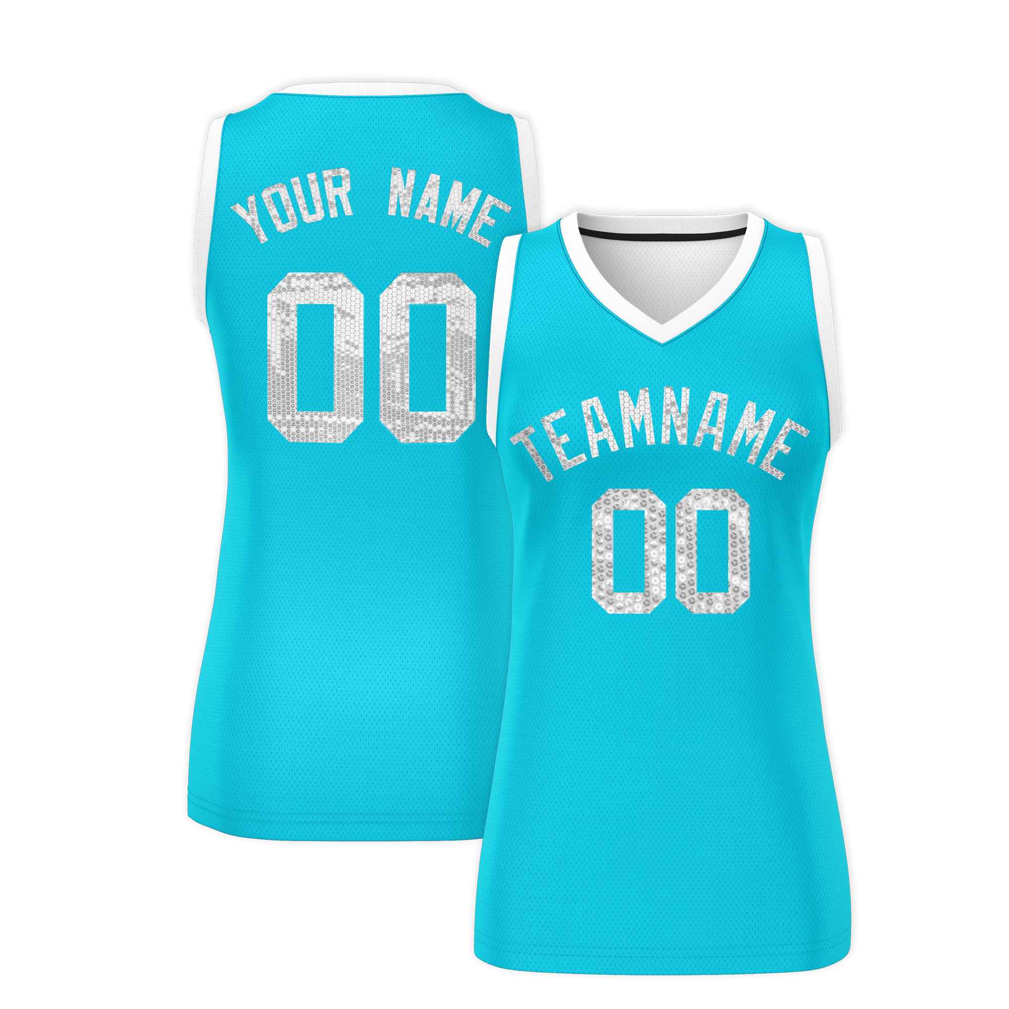 Custom Sky Blue White Women Basketball Jersey Sequined Dress|KXKSHOP
