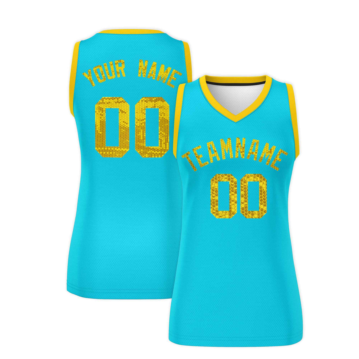 Custom Sky Blue Gold Women Basketball Jersey Sequined Dress|KXKSHOP
