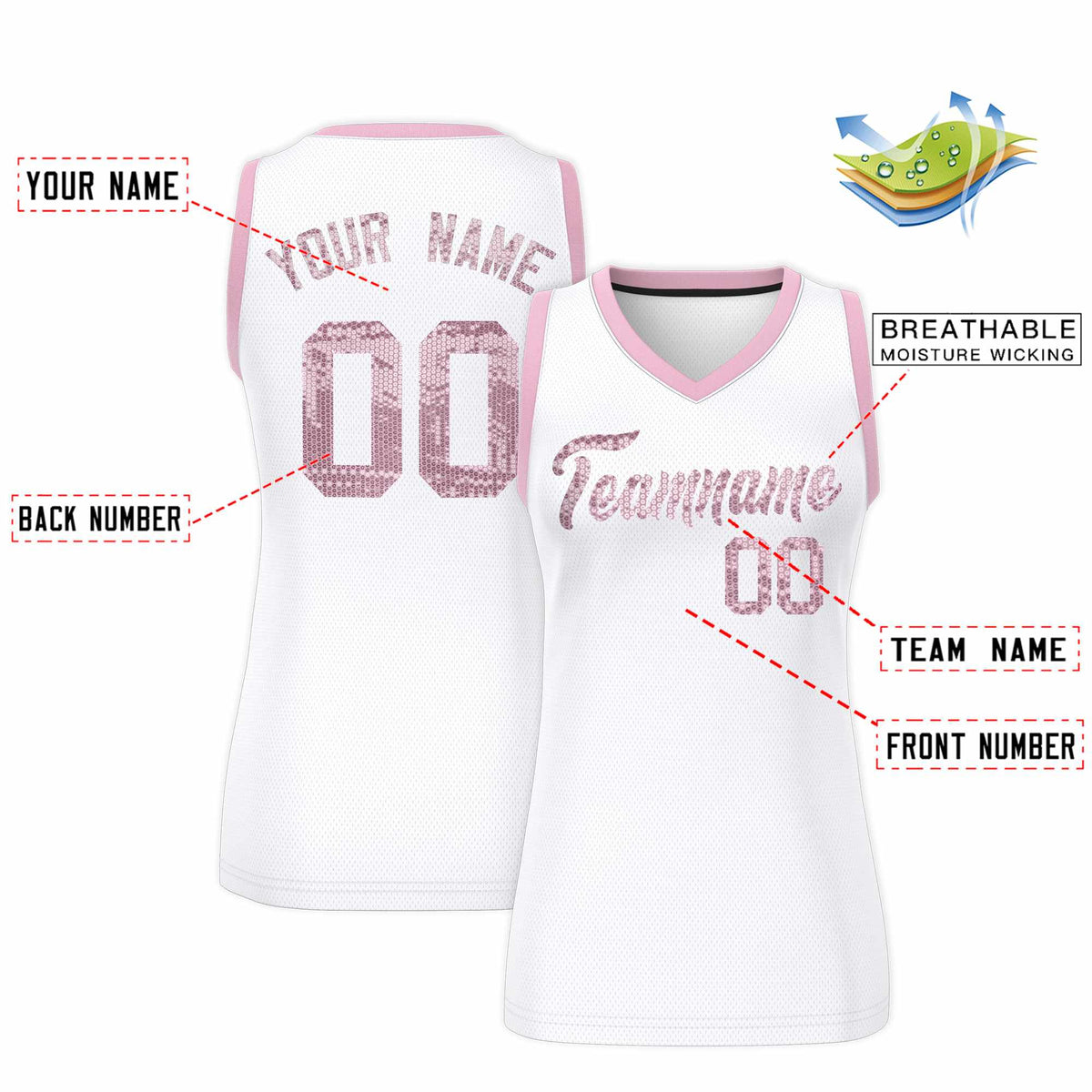 Custom White Light Pink Women Basketball Jersey Sequined Dress|KXKSHOP