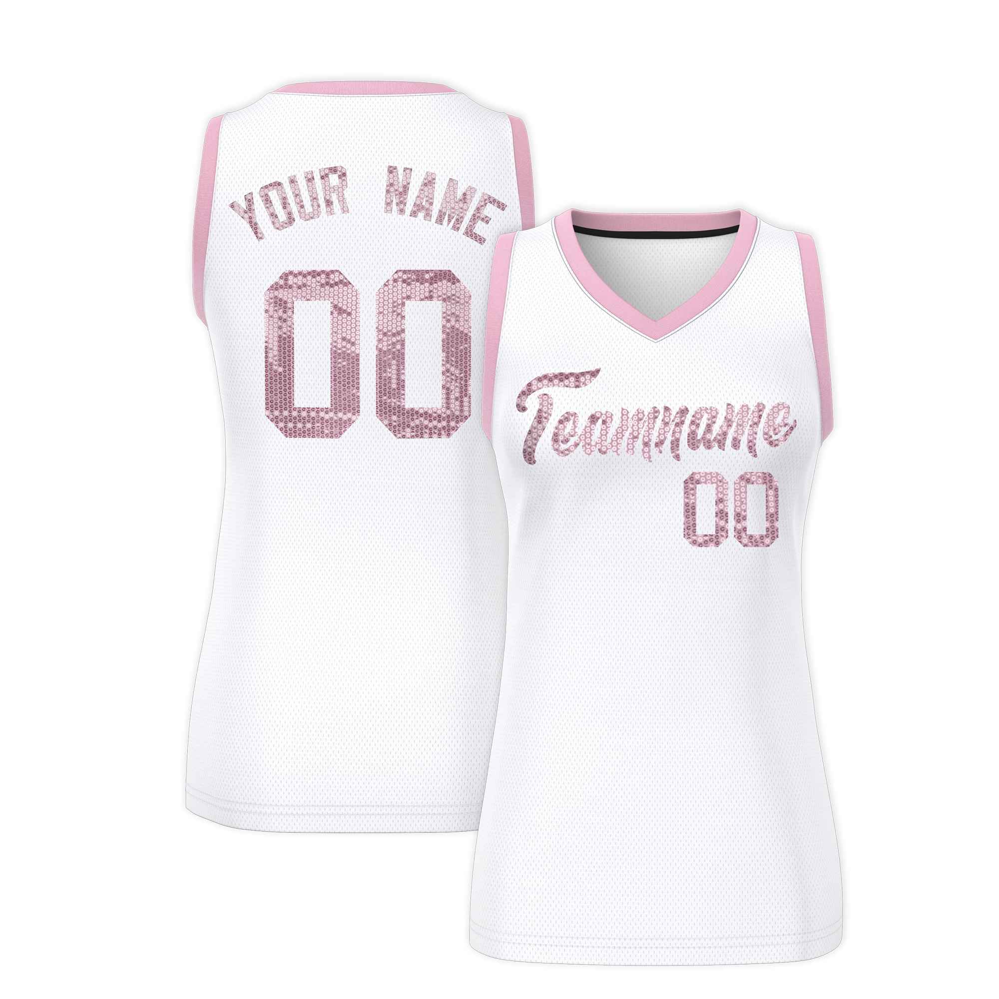 Custom White Light Pink Women Basketball Jersey Sequined Dress|KXKSHOP