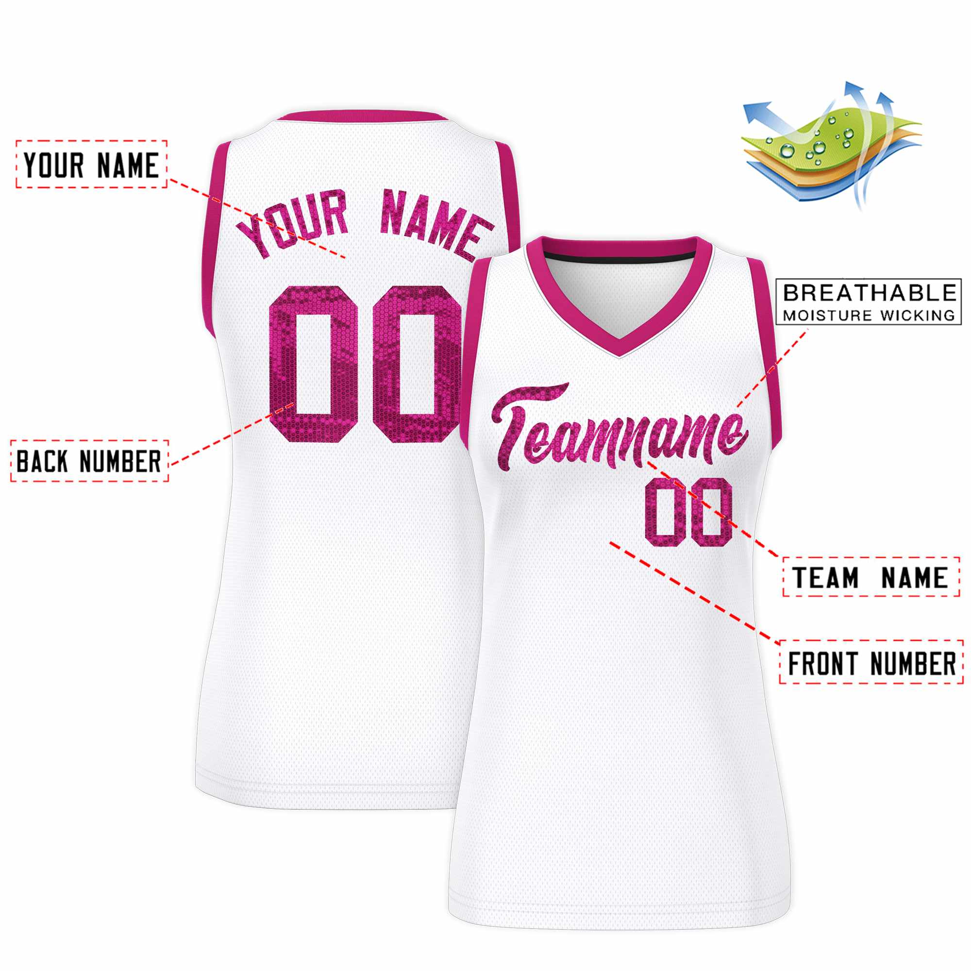 Custom White Pink Women Basketball Jersey Sequined Dress|KXKSHOP